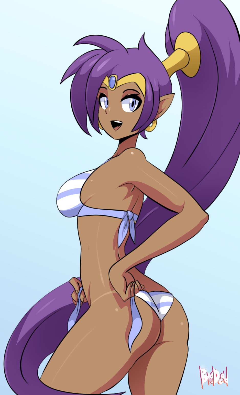 1girls, bigdeadalive, bikini, curvy, female, female only, hair, pointy ears, ponytail, purple hair, shantae, shantae (character), smooth skin, solo, tan, tan skin, tanline, undressing, video games, watermark