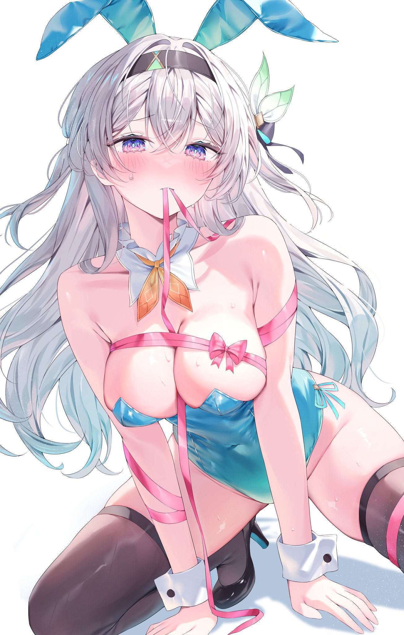 1girls, breasts, brown thighhighs, bunny ears, bunnysuit, exposed breasts, female, firefly (honkai: star rail), green bunnysuit, honkai: star rail, hoyoverse, mihoyo, multicolored eyes, multicolored hair, pekokota, pink thighband, ribbon bondage, ribbon in mouth, thighband, thighhighs