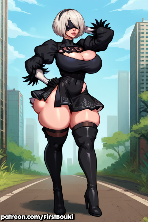 ai_generated big_ass big_breasts big_thighs bimbo firstbouki huge_breasts nier:_automata white_hair yorha_2b