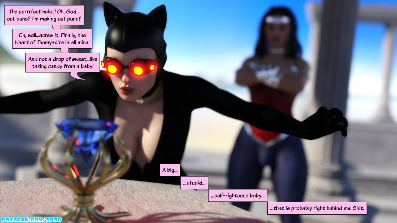 2futas, 3d, absurd res, absurdres, amazon, batman (series), big breasts, breasts, cat ears, catwoman, cleavage, comic, curvy, dc, dc comics, dialogue, diana prince, futa only, futa with futa, futanari, highres, intersex, muscular, muscular futa, outdoors, outside, penis, penis under clothes, selina kyle, squarepeg3d, temple, text, thick thighs, thief, voluptuous, wonder woman, wonder woman (series)