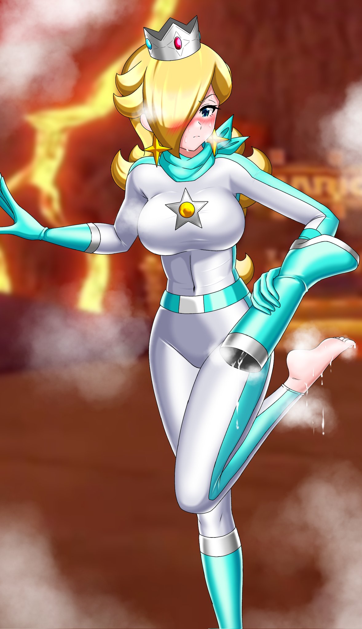 1girls barefoot belt biker_clothes bikesuit blonde_hair blush bodysuit boots breasts crown gloves heel_boots irohazakayouth mario_kart nintendo one_eye_obstructed princess_rosalina scarf skin_tight solo steam steaming_body sweat sweat_fetish sweatdrop sweating tight_clothing volcano