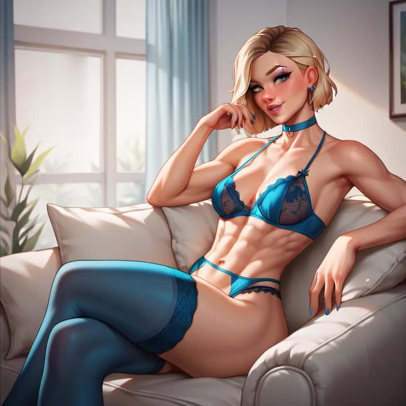 abs ai_generated athletic_female blonde_hair blue_lingerie couch female female_only gwen_stacy gwen_stacy_(spider-verse) legwear lingerie marvel marvel_comics medium_breasts sitting spider-man:_across_the_spider-verse spider-man:_into_the_spider-verse spider-man_(series) spider_gwen