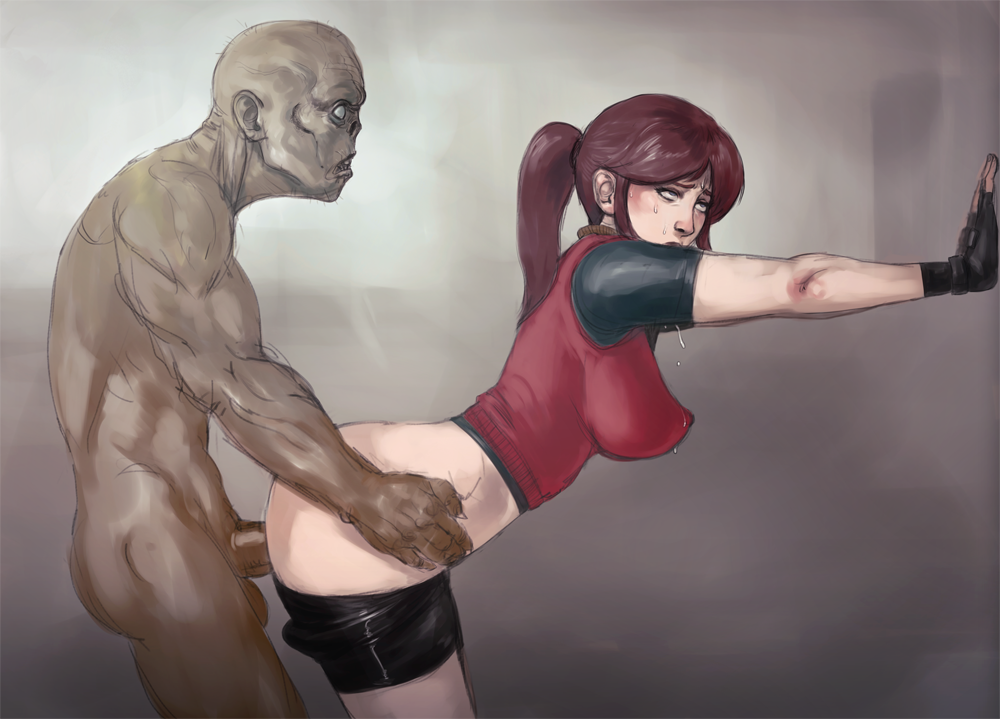 1girls 1monster ass bent_over brown_hair capcom claire_redfield clothed_sex clothing dochyde doggy_style duo female fingerless_gloves from_behind gloves long_hair male monster penetration penis resident_evil resident_evil_2 sex shorts shorts_down sketch straight undead vaginal_penetration video_games zombie