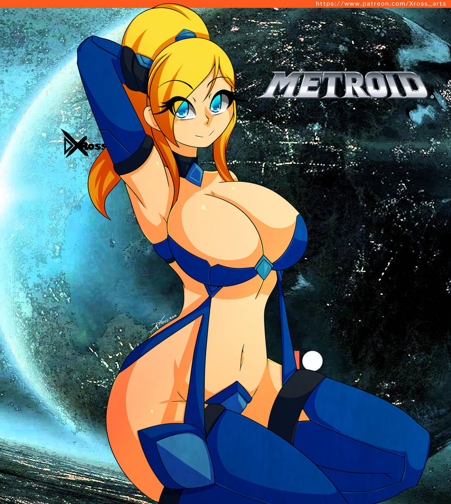 1girls arm_behind_head big_breasts blonde_hair blue_eyes breasts choker cleavage copyright_name d-xross elbow_glove female hand_behind_head looking_at_viewer metroid navel neckband nintendo ponytail revealing_clothes samus_aran sidelocks smile smiling_at_viewer solo space thigh_high_boots thighs wide_hips