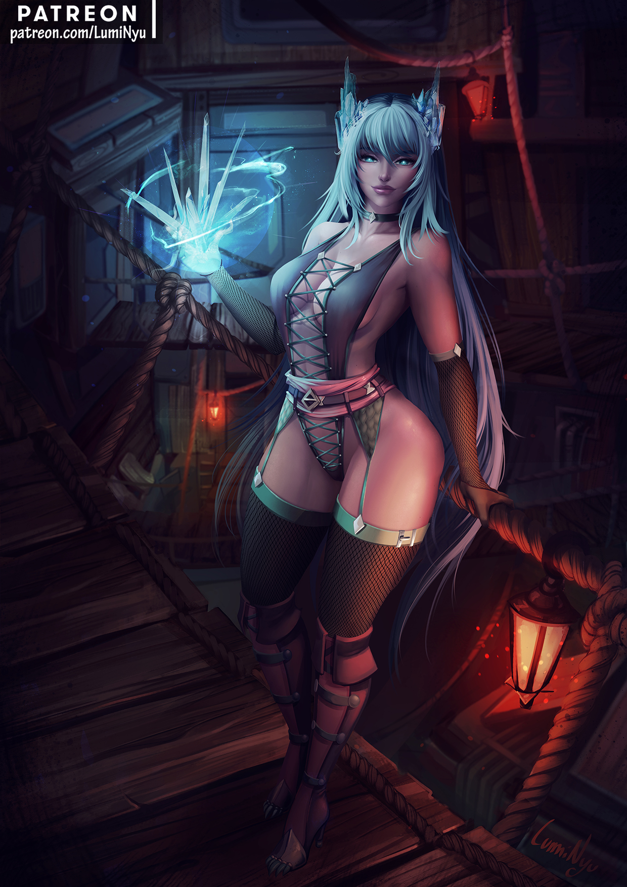 1girls, 2019, artist name, background, blue eyes, cleavage, commission, female, female focus, female only, garter belt, garter straps, glowing eyes, highres, ice, lingerie, lips, luminyu, original, original character, patreon, pinup, riften, thick thighs, thighhighs, thighs