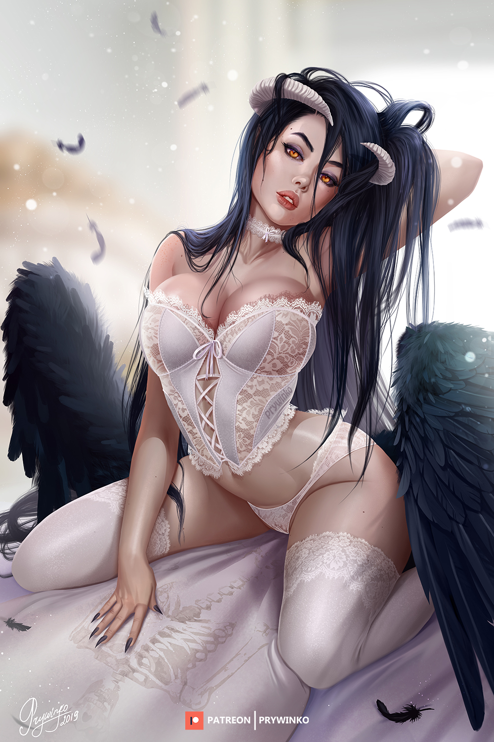 albedo (overlord), breasts, cleavage, demon, female, female only, horns, looking at viewer, overlord (maruyama), panties, prywinko, solo, succubus, thighhighs