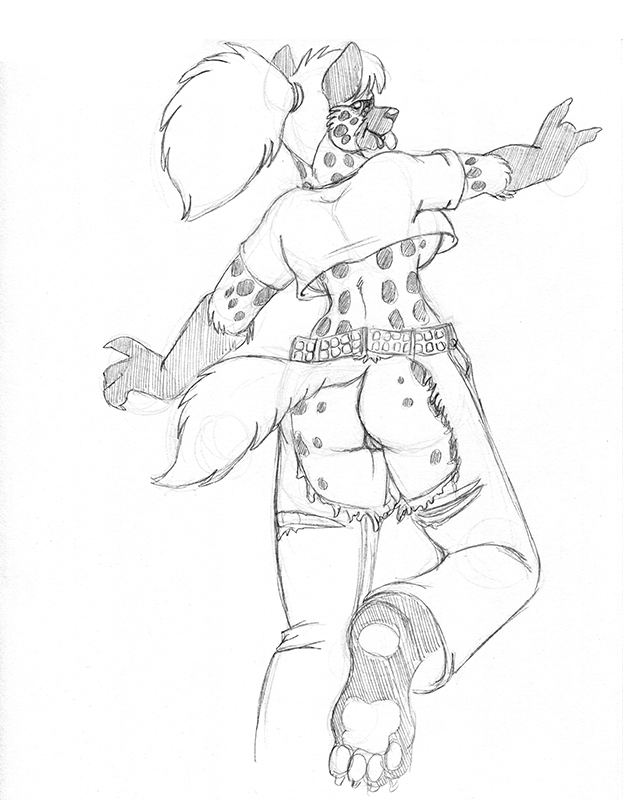 2019 anthro ass barefoot breasts cheek_tuft clothing elbow_tufts female fur gloves_(marking) hyaenid looking_at_viewer looking_back mammal markings midriff on_one_leg pants ponytail pussy rear_view shirt side_boob simple_background solo spots spotted_fur spotted_hyena standing tongue tongue_out torn_clothing tuft wolfkidd