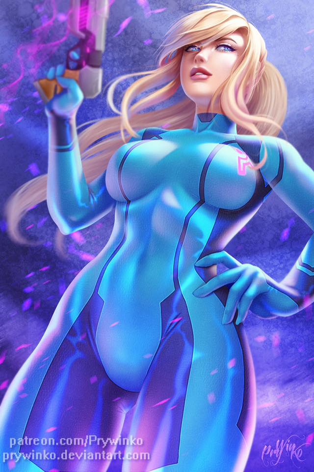 1girls, abs, blonde, blonde hair, blue eyes, bodysuit, breasts, female, female only, gun, human, long hair, looking away, metroid, nintendo, ponytail, prywinko, samus aran, sidelocks, skin tight, solo, text, thick thighs, thigh gap, tight clothing, tight fit, url, watermark, weapon, wide hips, zero suit, zero suit samus