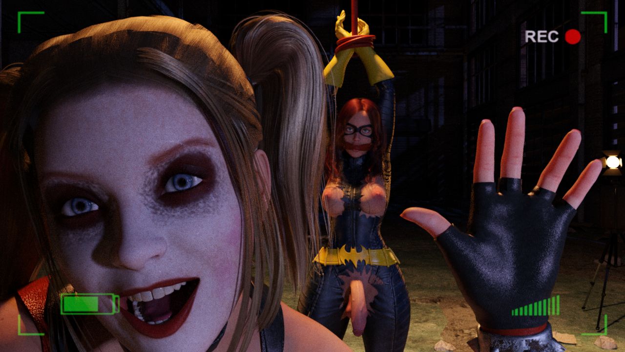 3d, absurd res, absurdres, barbara gordon, batgirl, batman (series), batman: arkham city, blonde hair, blue eyes, breasts, breasts out, camera, clown, cock sleeve, dc, dc comics, domination, fingerless gloves, forced, futa only, futa with futa, futadom, futanari, futasub, gagged, happy, harley quinn, imminent deepthroat, imminent oral, intersex, jumpsuit, makeup, mouth gag, night, oral, orange hair, penis, penis out, petite, realistic, recording, red lipstick, ripped clothing, seductive eyes, seductive mouth, smile, squarepeg3d, tied up, twintails