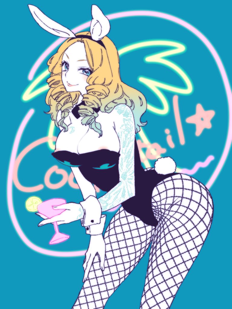 1girls ass blonde_hair blue_eyes breasts bunny_ears bunny_tail bunnysuit dbd dead_by_daylight female fishnets furrification glass kate_denson looking_at_viewer nipple_peek nipples odashi playboy_bunny skimpy_clothes smile tattoo_sleeve