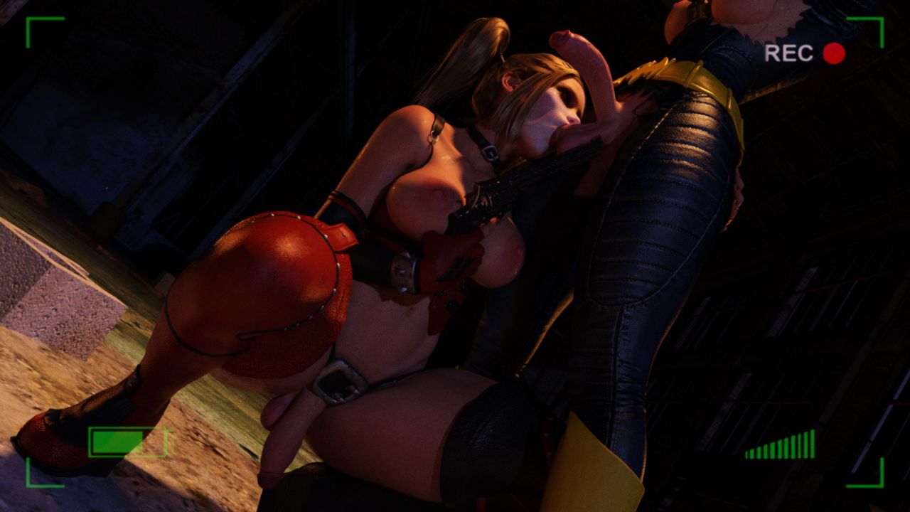 2futas, 3d, absurd res, absurdres, balls, barbara gordon, batgirl, batman (series), batman: arkham city, big breasts, blonde hair, blue eyes, breasts, breasts out, camera, clothing, clown, cock sleeve, dc, dc comics, domination, fingerless gloves, firearm, forced, futa on futa, futa only, futadom, futanari, futasub, gagged, gun, gunpoint, handgun, harley quinn, hourglass figure, human, imminent deepthroat, intersex, jumpsuit, makeup, mouth gag, night, oral, orange hair, pale skin, partially clothed, penis, penis out, petite, pistol, rape, realistic, recording, red lipstick, revolver, ripped clothing, seductive eyes, seductive mouth, squarepeg3d, sucking, sucking balls, sucking testicles, testicles, tied up, twintails, weapon