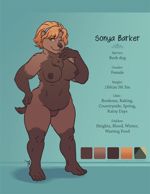 2016 4_fingers 4_toes anthro areola belly big_breasts biped blue_background breasts brown_areola brown_countershading brown_fur brown_markings brown_nipples brown_nose brown_pussy brown_tail bush_dog canid canine character_name chest_tuft color_swatch countershade_torso countershading curvaceous english_text eye_through_hair eyebrows eyebrows_visible_through_hair eyelashes female front_view full-length_portrait fupa fur fur_tuft gloves_(marking) hair hairband hand_on_hip looking_aside looking_away mammal markings measurements model_sheet navel nipples nude one_eye_closed open_mouth open_smile orange_hair overweight overweight_female pink_tongue plantigrade portrait pussy shadow short_hair simple_background smile snout socks_(marking) solo sonya_barker species_name standing teeth text thetiedtigress thick_thighs toes tongue translucent_hair tuft wink yellow_eyes