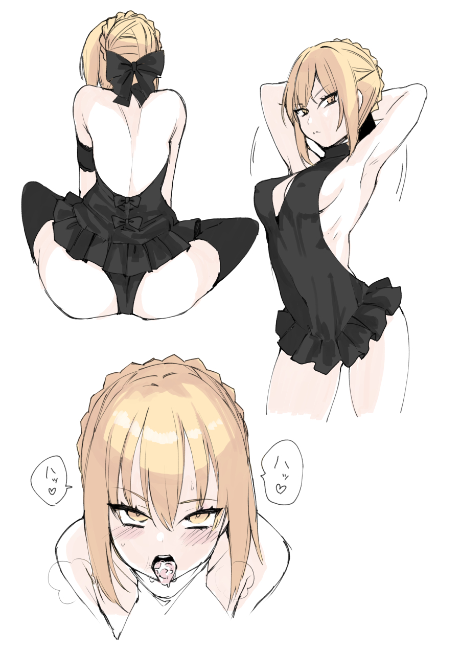 arm_strap armpits arms_up artoria_pendragon artoria_pendragon_(alter) artoria_pendragon_(swimsuit_rider_alter) ass back backless_swimsuit bare_back bare_shoulders black_bow black_legwear black_swimsuit blonde_hair blush bow breasts casual_one-piece_swimsuit covered_navel cropped_legs cum cum_in_mouth erect_nipples eyebrows_visible_through_hair fate/grand_order fate_(series) frilled_swimsuit frills hair_bun hairbow heart heavy_breathing highres iriehana looking_at_viewer medium_breasts motion_lines multiple_views one-piece_swimsuit open_mouth short_hair sideboob sidelocks simple_background sitting speech_bubble spoken_heart sweat swimsuit thighs tongue tongue_out tsurime white_background yellow_eyes