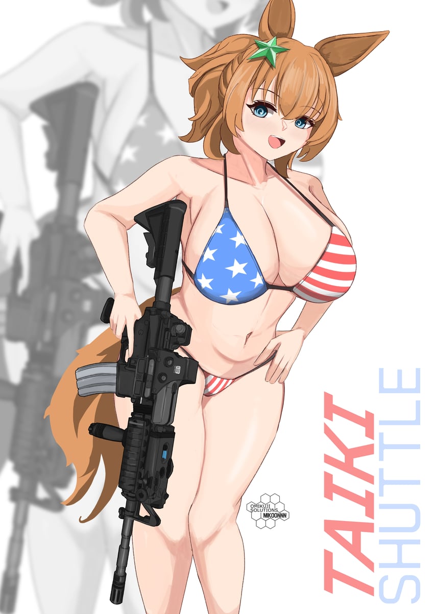 1girls, american flag bikini, artist request, bikini, gun, taiki shuttle (umamusume), umamusume