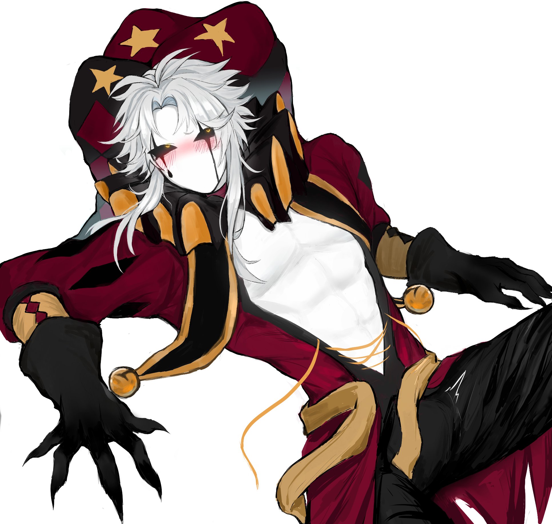 1boy, abs, blush, boner, breasts out, claws, clothed, embarrassed, embarrassed male, jester, jester hat, jester outfit, pierrot (the freak circus), shy, the freak circus, xiyang223
