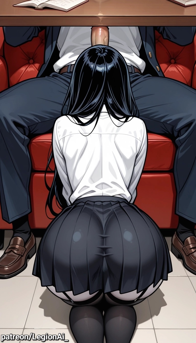 ai, ai art, ai generated, asian female, ass focus, black hair, black stockings, garter straps, imminent fellatio, imminent oral, legionai, pale skin, pale-skinned female, sadako yamamura, school uniform, schoolgirl, schoolgirl uniform, straight hair, the ring, under the table, under the table blowjob, yamamura sadako