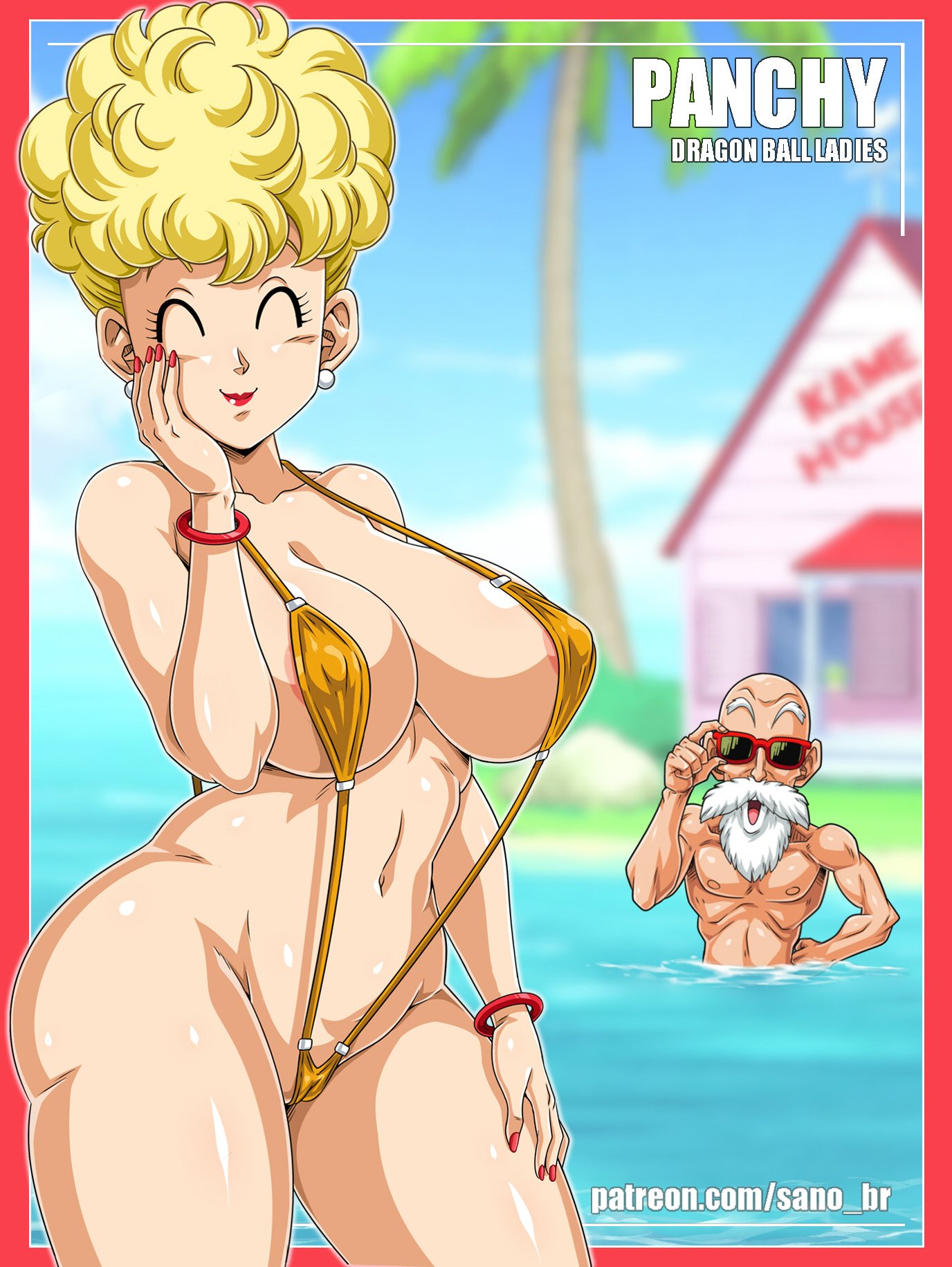 1boy1girl, 1boys, 1girl, 1girl1boy, 1girls, 1girls1boy, bald, bald male, big breasts, breasts, cameltoe, character name, cleavage, curvaceous, curvaceous female, curvaceous figure, curvy, curvy body, curvy female, curvy figure, dragon ball, dragon ball super, dragon ball z, earrings, female, female focus, gilf, hand on face, hand on hip, huge breasts, kame house, master roshi, muten roushi, nail polish, navel, nipple peek, nipple slip, nipples visible through bra, old male, old man, one-piece swimsuit, painted fingernails, painted nails, panchy, panchy (dragon ball), panchy briefs, patreon, patreon url, red border, red nails, red1boy, revealing clothes, revealing swimsuit, sano-br, skimpy bikini, skimpy clothes, skimpy outfit, smile, smiling, smiling at viewer, swimsuit, swimwear, thick thighs, thighs, voluptuous, voluptuous female, voluptuous milf, water, wide hips