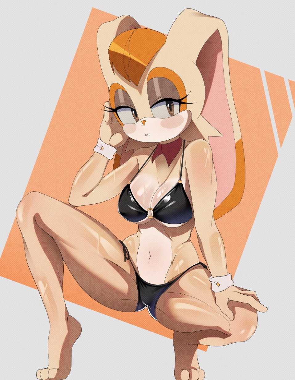 2025, 3 toes, anthro, big breasts, bikini, black bikini, black clothing, black swimwear, breasts, cleavage, clothed, clothing, crouching, eyelashes, feet, female, frown, god1annie, hair, half-closed eyes, hi res, lagomorph, leporid, long ears, looking at viewer, mammal, mature female, midriff, narrowed eyes, navel, orange eyes, orange hair, rabbit, sega, shirt cuffs, solo, sonic (series), sonic the hedgehog (series), swimwear, toes, two-piece swimsuit, vanilla the rabbit, wet