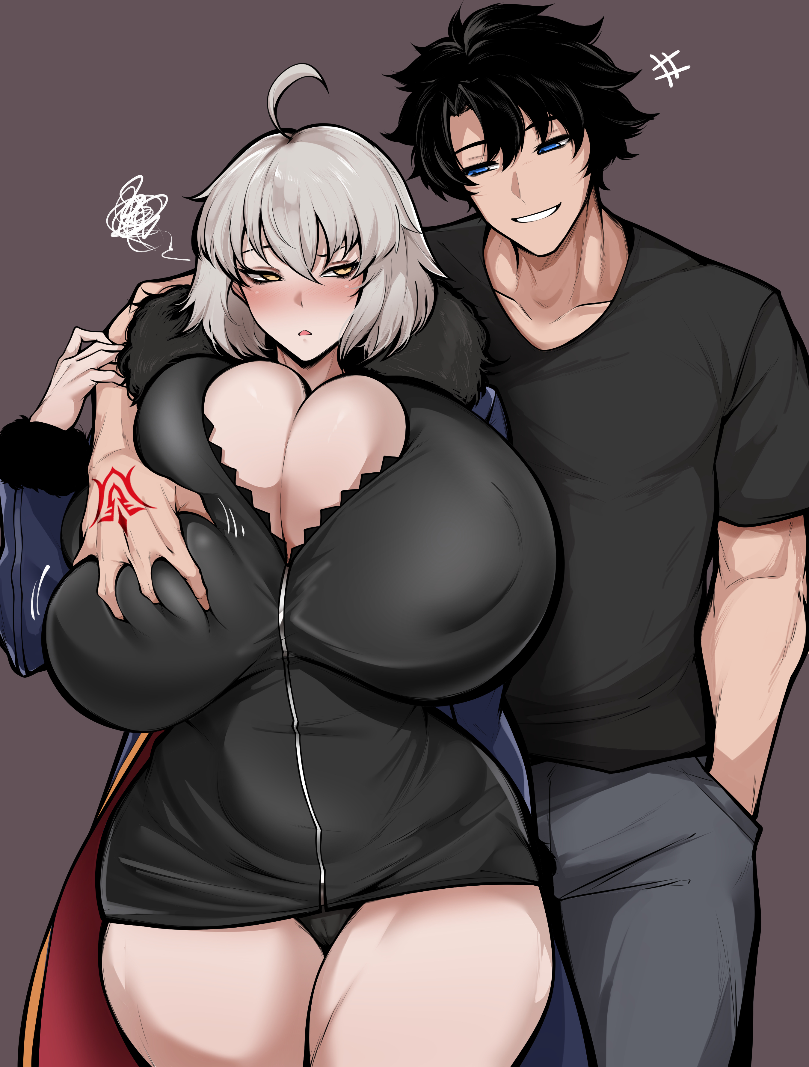 1boy, 1girls, ahoge, annoyed, blush, breast grab, breasts bigger than head, couple, fate (series), fate/grand order, fujimaru ritsuka (male), hand over shoulder, huge breasts, jeanne alter, jeanne d'arc (fate), mostly clothed, owner (artist), seductive smile, short hair, skimpy clothes, thick thighs, visible nipples, wide hips