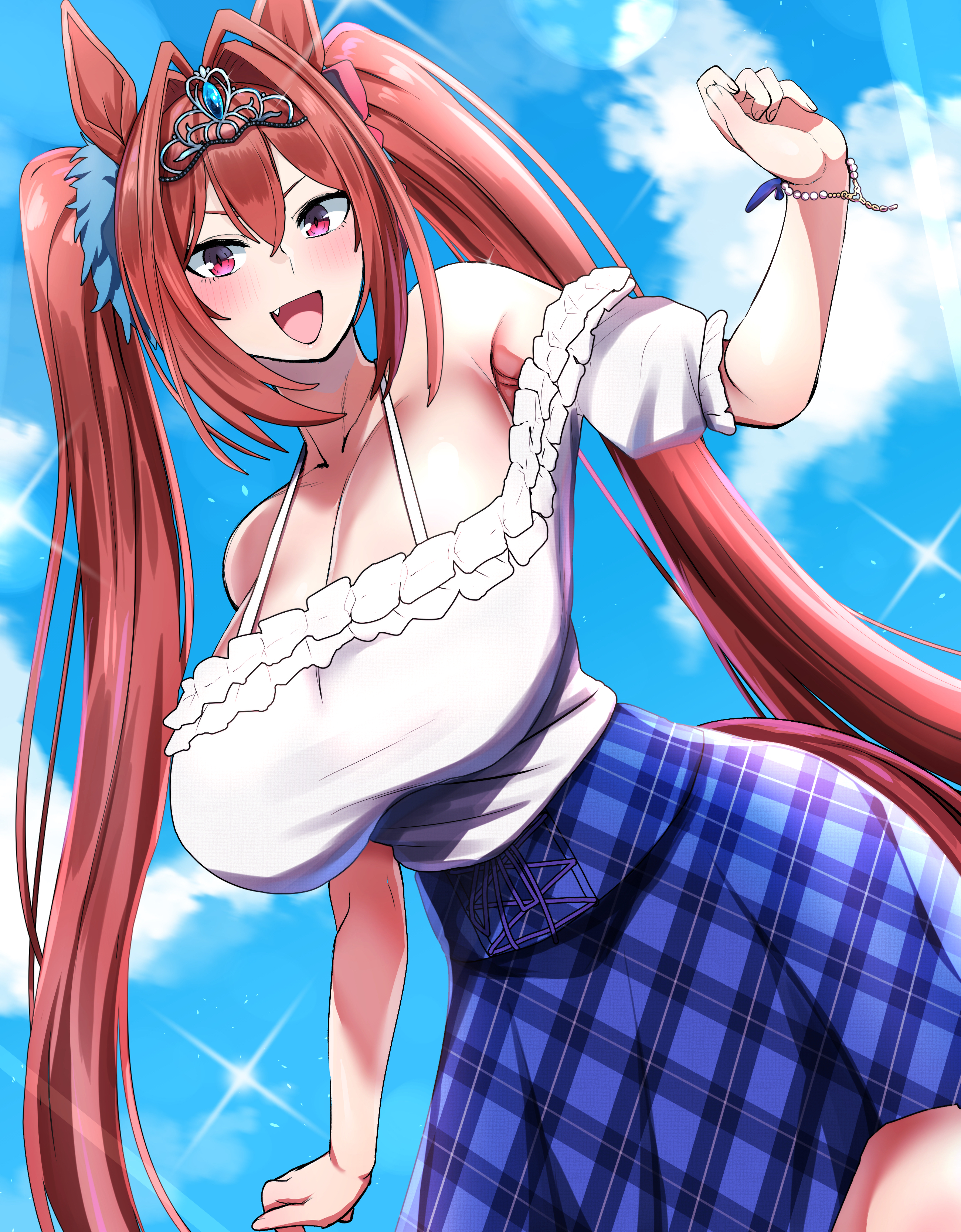 1girls, absurdres, animal ears, blush, breasts, brown hair, daiwa scarlet (casual) (umamusume), daiwa scarlet (umamusume), female, female only, hair intakes, highres, horse ears, horse girl, horse tail, large breasts, long hair, looking at viewer, megao 3rd, off shoulder, red eyes, tail, thighs, twintails, umamusume, very long hair