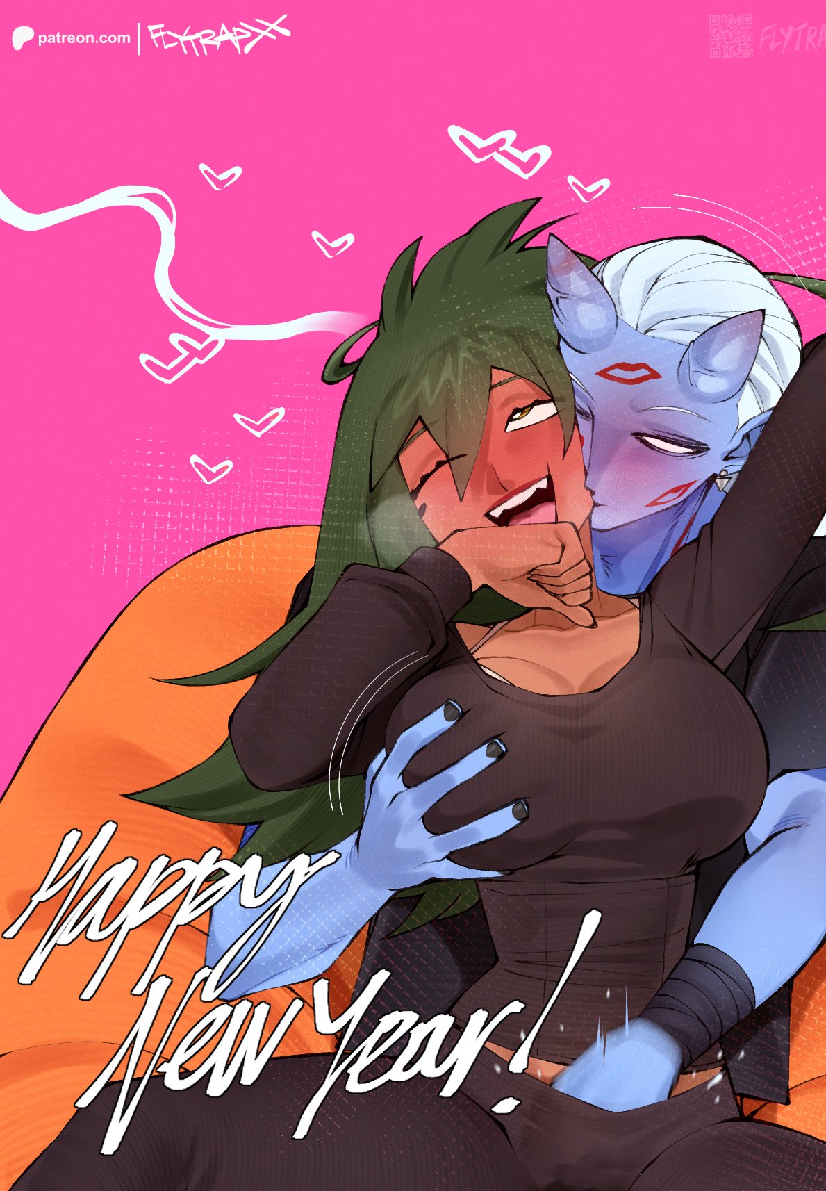 2d, 2d (artwork), 2d artwork, 2girls, black nail polish, black nails, black pants, black shirt, blue skin, blushing, color, colored, dai (flytrapxx), earring, female masturbation, flytrapxx, green hair, groping, groping breast, groping from behind, happy new year, heart symbol, hearts, hearts around head, horns, kiss mark, kissing, kissing neck, lipstick, lipstick mark, liz (flytrapxx), new year, one eye closed, passionate, pupilless eyes, red lipstick, tan skin, white bra, white hair