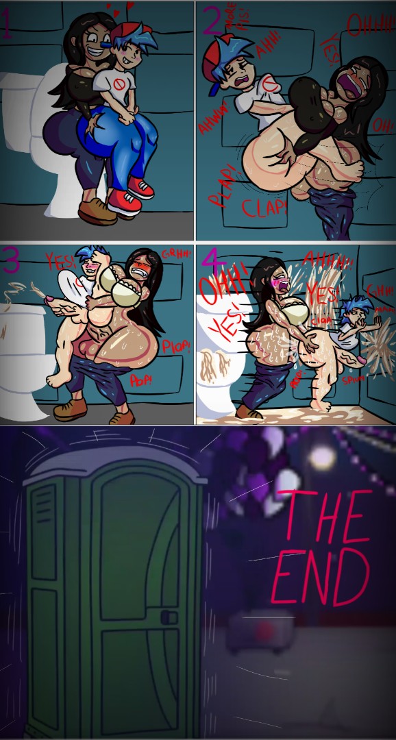 blue hair, blue hair male, boyfriend (friday night funkin), breasts, clenched teeth, clothed, clothed sex, comic, comic page, commander dead star, cum drip, cum in anal, cum in anus, cum in ass, cum in penis, cum in toilet, cum inside, cumming, cumming from, cumming while penetrated, cumshot, dickgirl, digital art, digital drawing (artwork), digital media, digital media (artwork), erect nipples under clothes, erection, erection under clothes, friday night funkin, futanari, irene ruiz (robin2024), robin2024 (artist), veiny penis