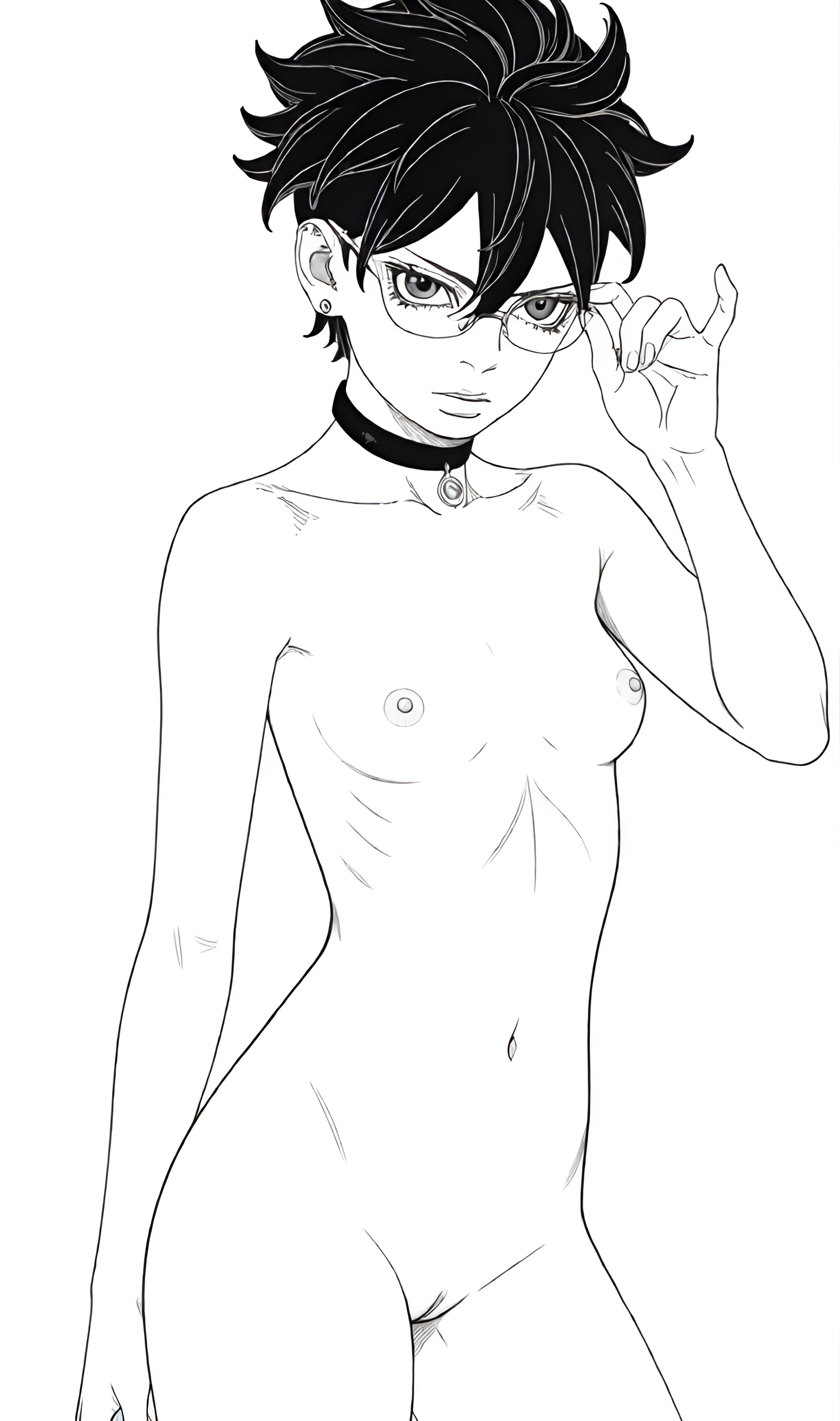 accurate art style, accurate body type, accurate proportions, black and white, boruto: two blue vortex, completely nude, female only, messy hair, naruto, naruto (series), nude, nude female, sarada uchiha, showing off, small breasts, uchiha sarada
