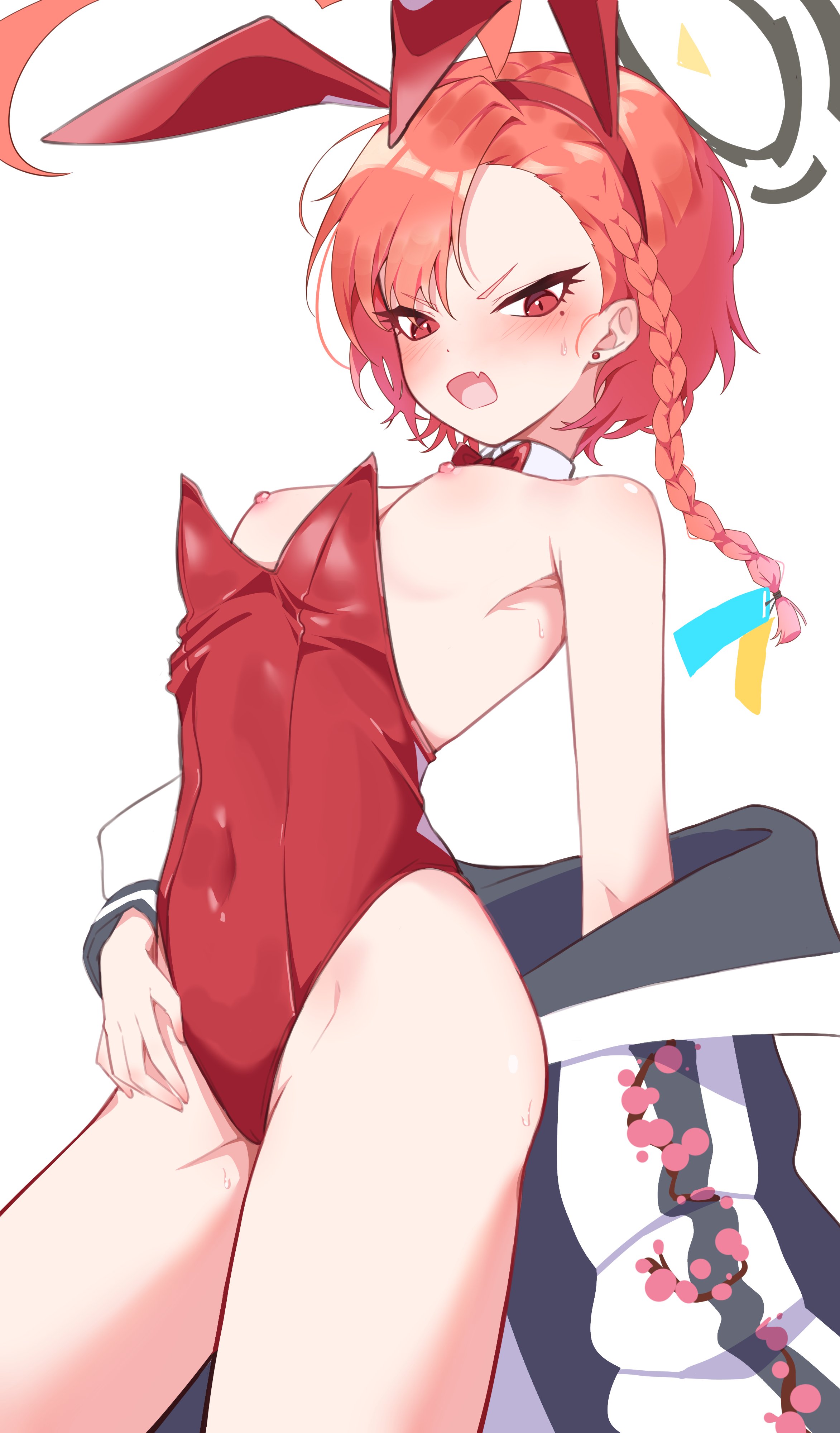 1girls, arched back, areolae, blue archive, blush, breasts, breasts out, bunny ears, bunnysuit, cleaning & clearing (blue archive), clothed, clothing, fake animal ears, fake rabbit ears, female, female only, halo, light skin, light-skinned female, millennium science school student, navel outline, neru (blue archive), neru (bunny) (blue archive), nipples, open mouth, orange hair, red bunnysuit, red eyes, red hair, rough0114, simple background, small breasts, solo, wardrobe malfunction, white background