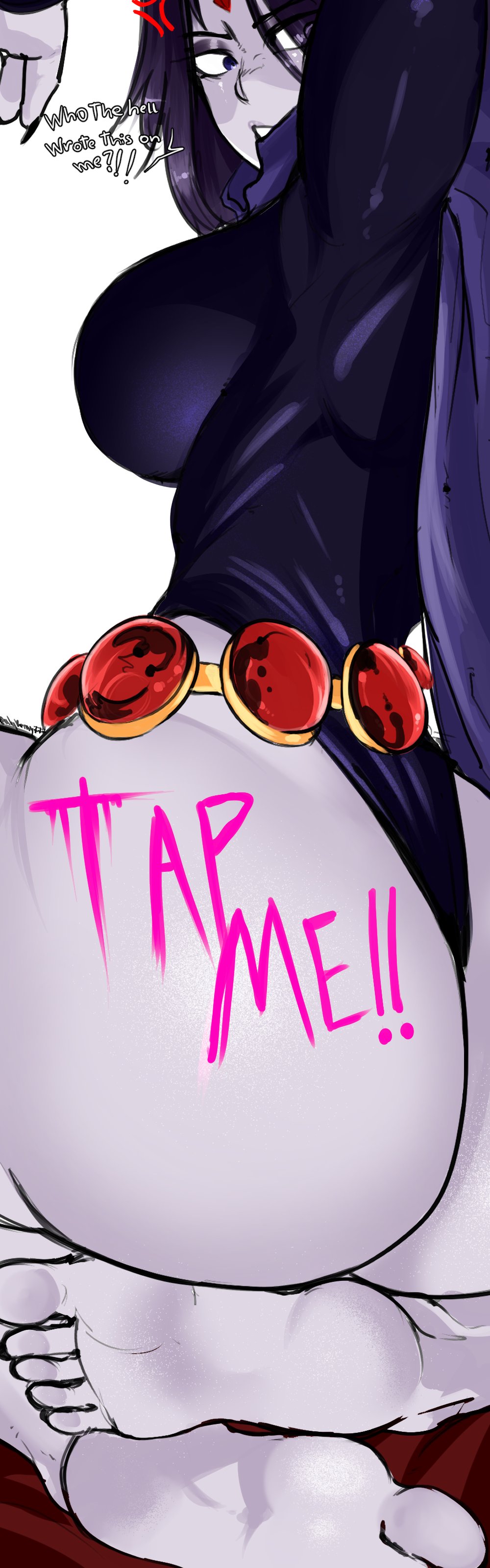 1girls, alqkemy777, angry, ass, barefoot, belt, big ass, big breasts, black leotard, body writing, breasts, cape, colored skin, dc, dc comics, dress, feet, female, female only, forehead jewel, grey skin, huge ass, large breasts, leotard, looking at viewer, purple cape, purple eyes, purple hair, rachel roth, raven (dc), shiny skin, short hair, sleeved leotard, solo, teen titans, thick thighs, thighs, toes