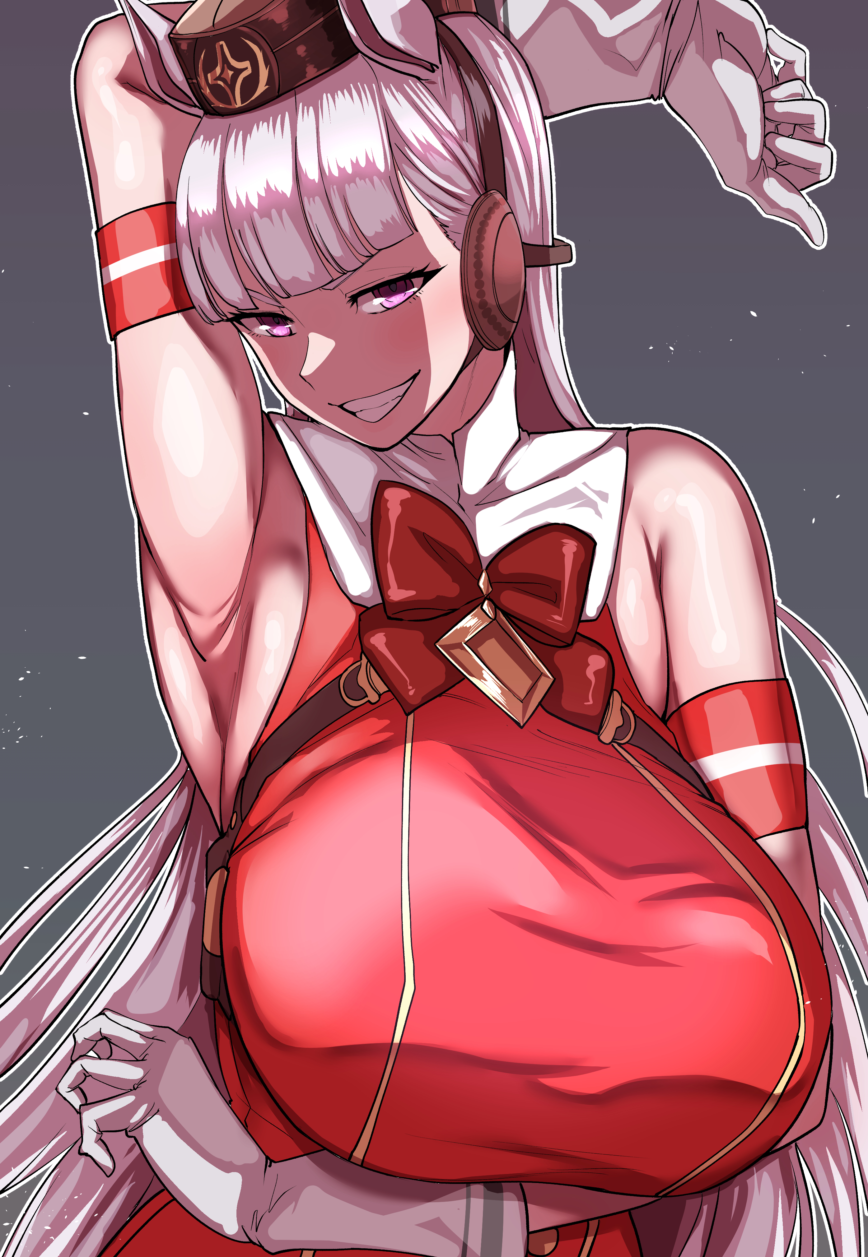 1girls, absurdres, animal ears, armpits, blush, breasts, female, female only, gloves, gold ship (red strife) (umamusume), gold ship (umamusume), grey background, grin, hat, highres, horse ears, horse girl, large breasts, long hair, looking at viewer, megao 3rd, presenting armpit, purple eyes, simple background, smile, solo, umamusume, white gloves, white hair