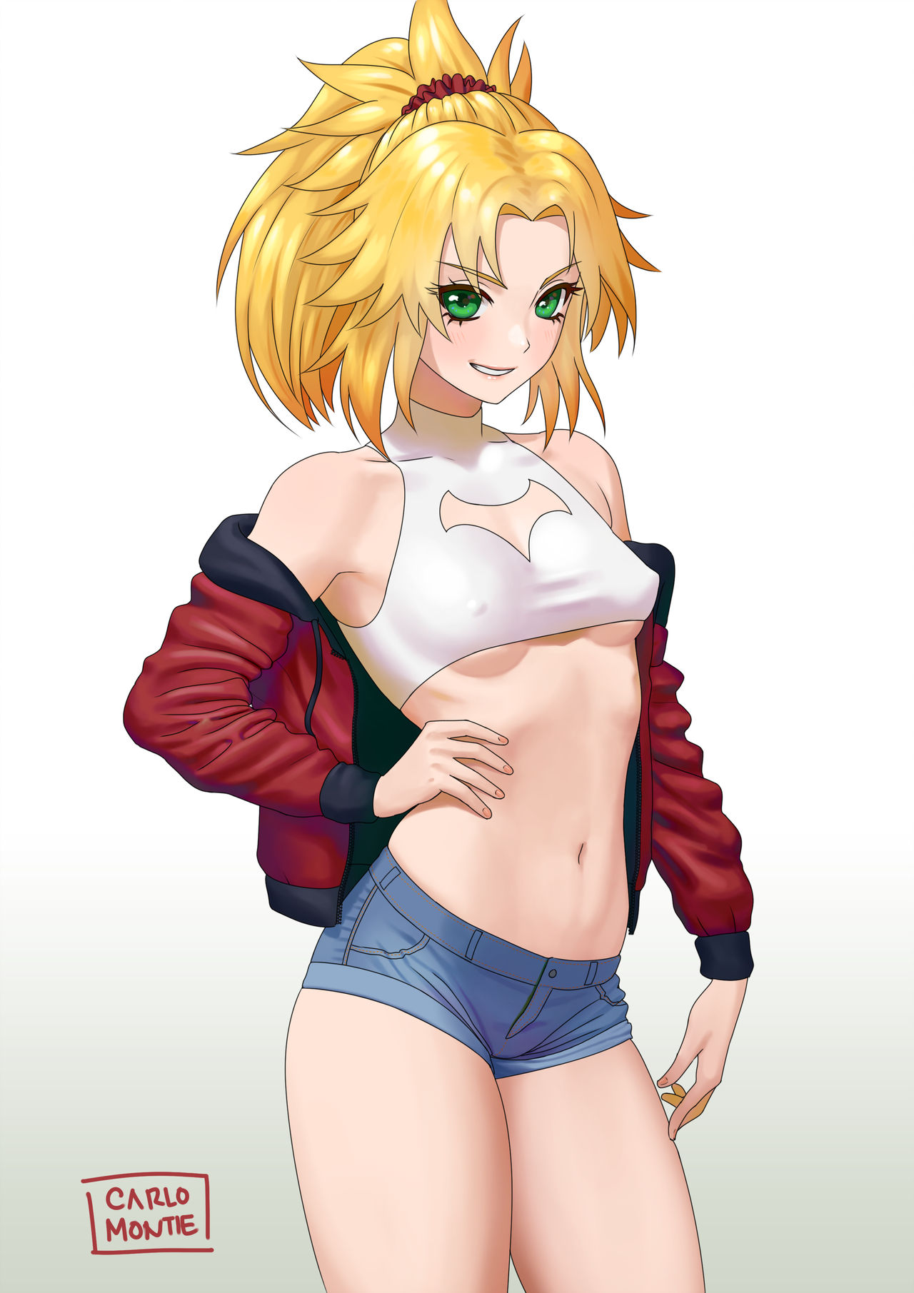 blonde hair, bra, breasts, carlo montie, cleavage, erect nipples, fate (series), fate/grand order, female, female only, looking at viewer, mordred (fate), nipples, shorts, solo, underboob