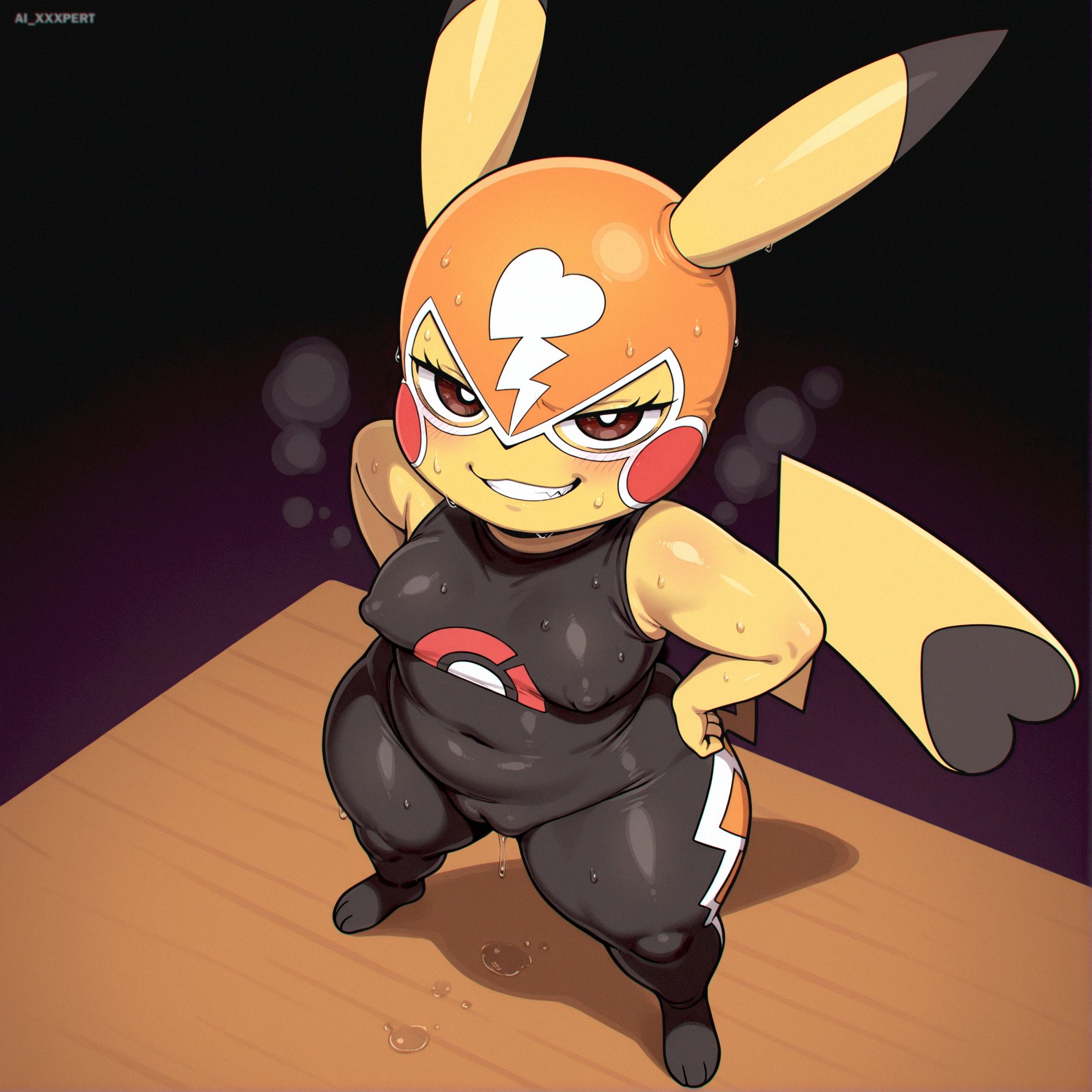 ai generated, ai xxxpert, anthro, anthro only, ass, ass focus, big ass, big breasts, big butt, blush, bodily fluids, breasts, brown eyes, butt focus, camel toe, cameltoe, clothed, clothed anthro, clothed female, clothing, cosplay pikachu, cosplay pikachu (costume), female, female anthro, female focus, female only, female pokemon, feral, from above, fur, furry, furry female, furry only, genital fluids, hands on hips, heart symbol, huge butt, looking at viewer, mask, nintendo, on desk, pikachu, pikachu libre, pokemon, pokemon (species), pokken tournament, pupils, pussy, rodent, shortstack, solo, solo anthro, solo female, solo furry, standing, steam, sweat, tail, teasing, teasing viewer, thick thighs, thighs, wide hips, yellow body, yellow fur