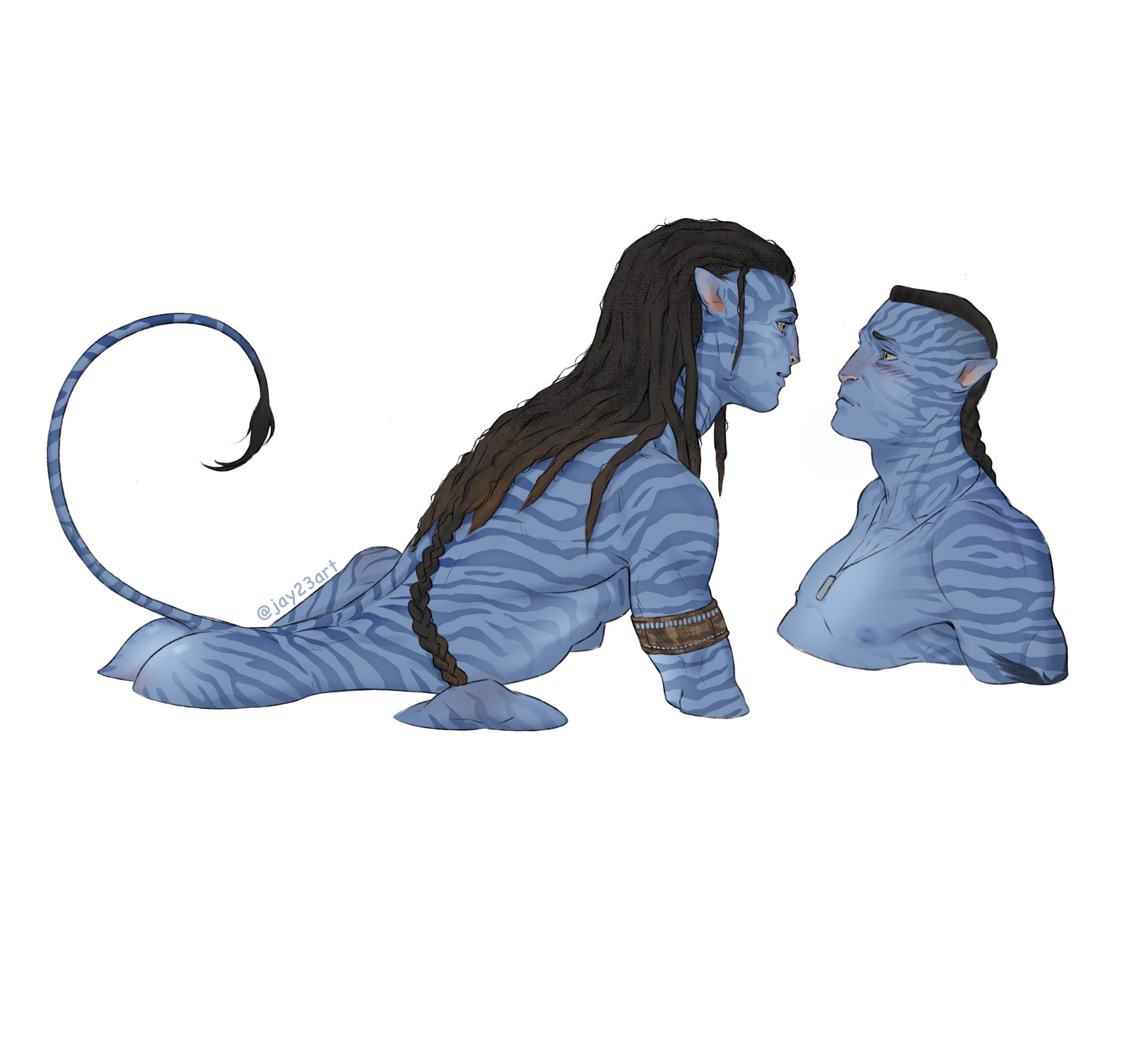 2boys, avatar, avatar: the way of water, gay, jake sully, jay23art, male, male only, miles quaritch, na'vi, very long hair, white background