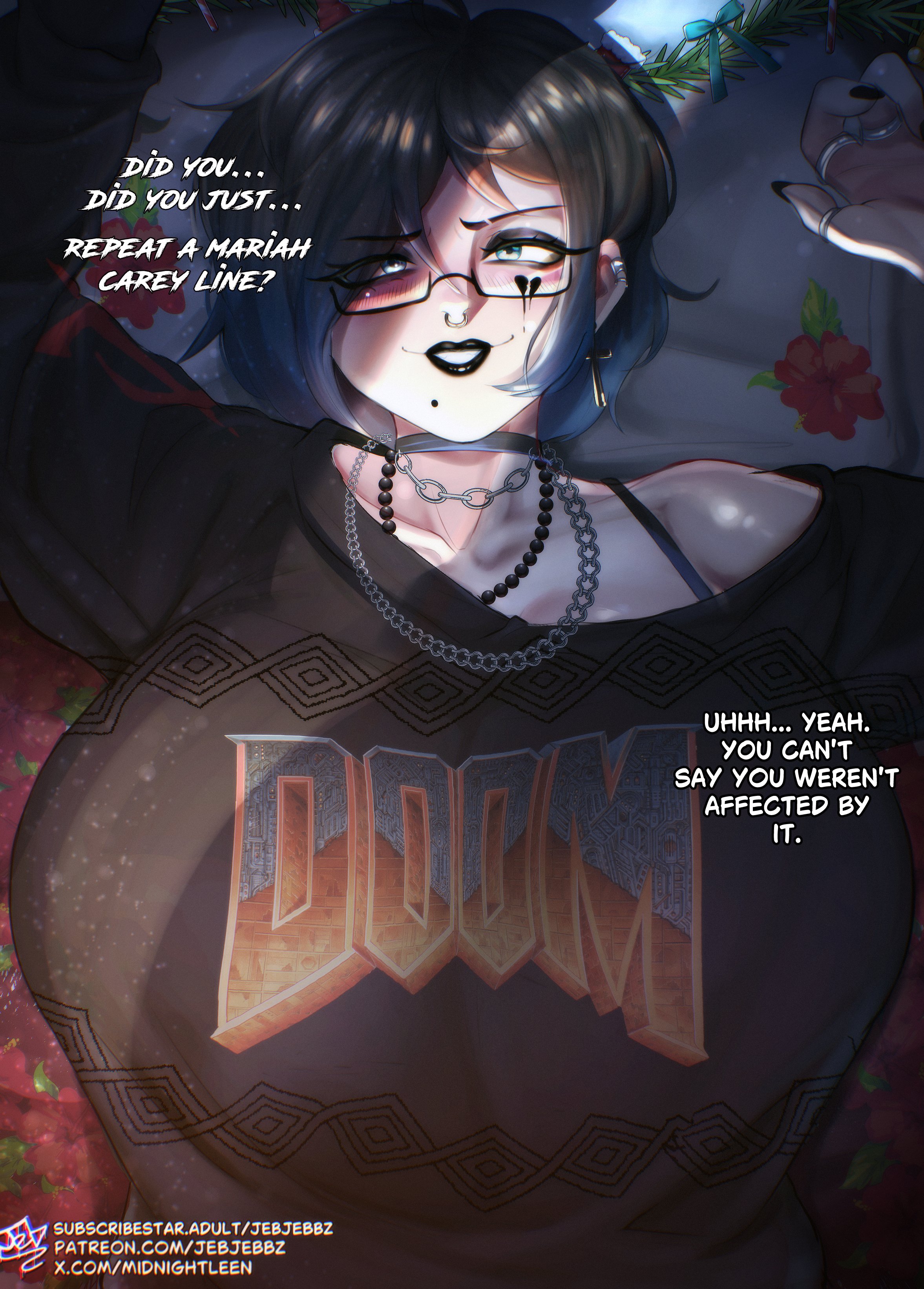 1girls, big titties, black hair, black lipstick, black nails, black sweater, blue eyes, blush, breasts, choker, christmas, christmas sweater, couple, doom, ear piercing, earrings, english text, eyebrow cut, female, glasses, goth, goth girl, hair over one eye, heart tattoo, huge breasts, jebjebbz, looking at viewer, lying, lying on back, mayleen (jebjebbz), mole, mole under mouth, necklace, nose ring, original, pale skin, pale-skinned female, pov, ring, romantic, smile, solo, sweater, talking to viewer, tattoo, tattoo under eye, variant set, wholesome