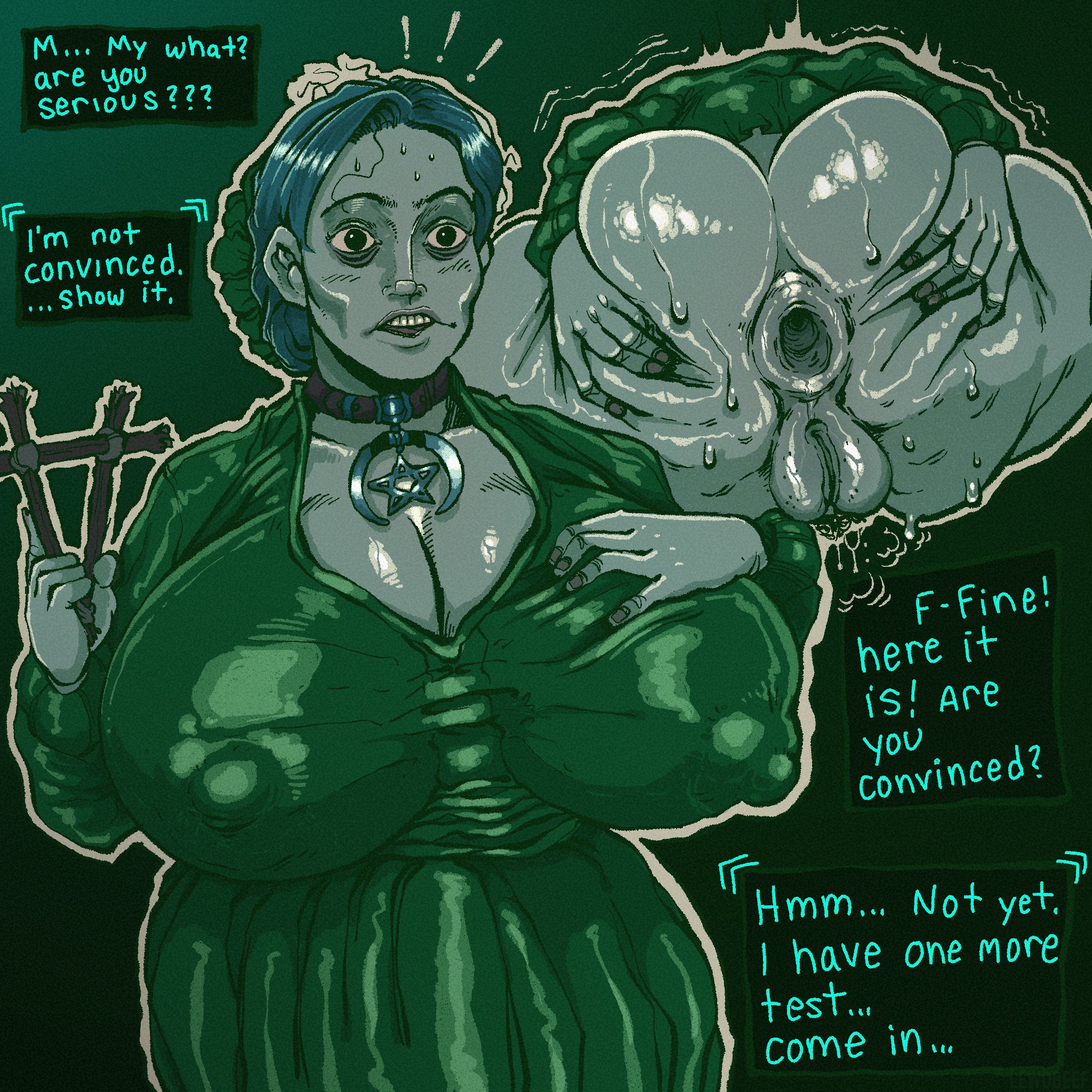 1girls, anus, blue hair, breasts bigger than head, choker, fortune teller (no, i'm not a human), gaping, gaping anus, gray body, gray skin, green dress, grey body, grey skin, huge breasts, lewdbeef, lewdcreep, mature female, no, i'm not a human, projected inset, pussy, shiny skin, spread ass, sweat