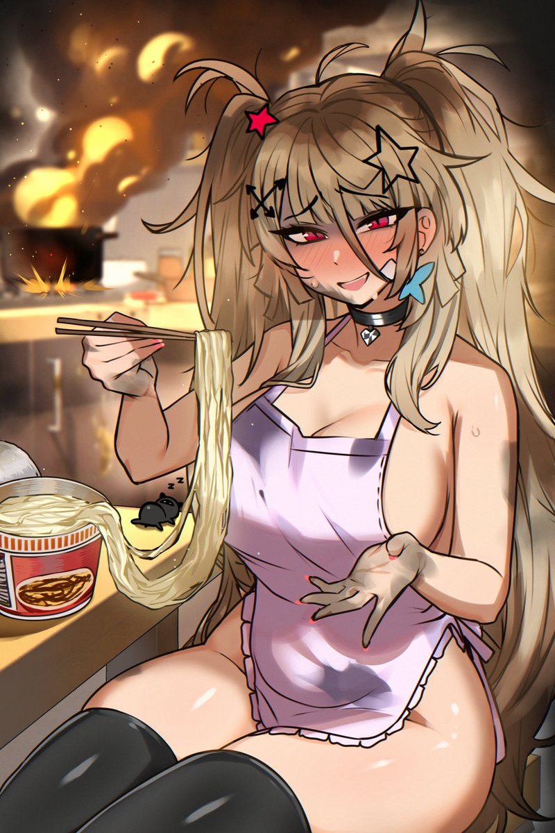 1girls, accident, apron, apron only, bad cook, black stockings, black thighhighs, blonde hair, blush, breasts, butterfly, butterfly earrings, collar, cup noodles, cup ramen, earrings, eyebrows visible through hair, female, female only, fire, funny, hair ornament, huge breasts, humor, indoors, kitchen, light skin, light-skinned female, looking at viewer, miki (dokidomiki), noodles, nose blush, original, pyers, ramen, red eyes, romantic, solo, stockings, thighhighs, twintails