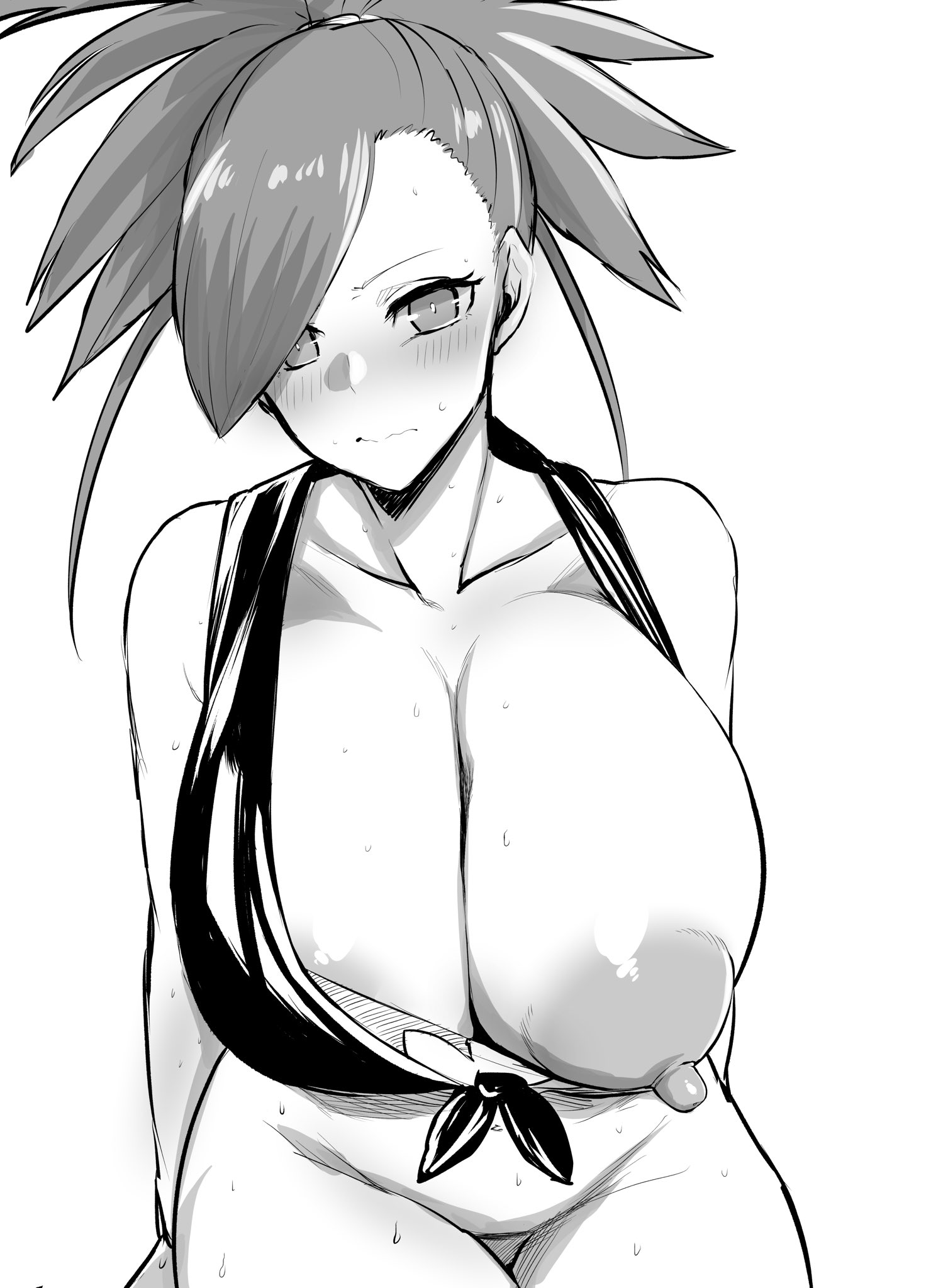 1girls, areola slip, arm support, bandeau, bare arms, bare shoulders, blush, bottomless, breasts, cleavage, closed mouth, collarbone, crop top, eyelashes, female, female only, flannery (pokemon), gigantic breasts, greyscale, gym leader, hair tie, head tilt, high ponytail, highres, huge breasts, large areolae, looking at viewer, megao 3rd, monochrome, navel, nintendo, nipples, one breast out, pants, pokemon, pokemon oras, ponytail, shirt, short hair, simple background, sleeveless, solo, sweat, swept bangs, thigh gap, tied shirt, wavy mouth, white background