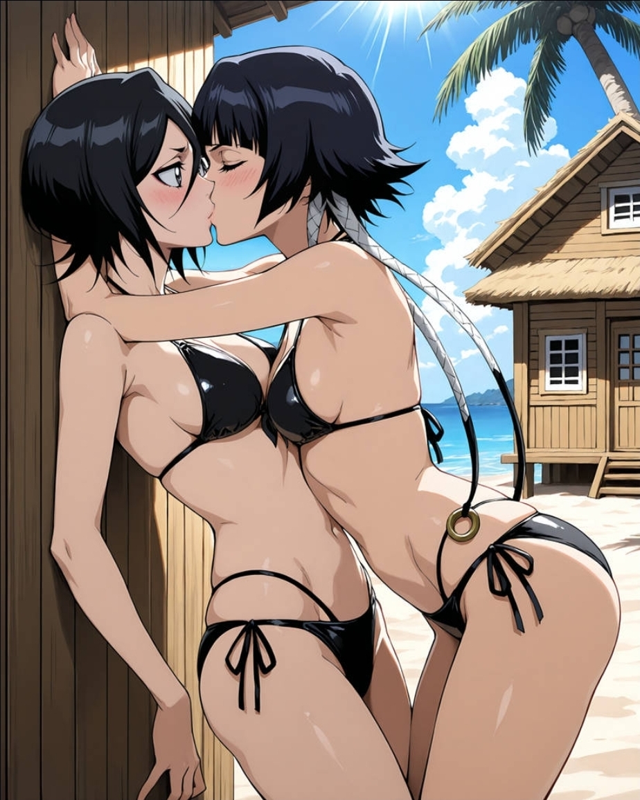 2girls, ai generated, beach, bikini, black bikini, black hair, bleach, bleach: the thousand-year blood war, blush, eyes closed, female, female only, kissing, kuchiki rukia, leaning forward, lesbian kiss, multiple girls, pinned to wall, soifon, sui-feng, yuri