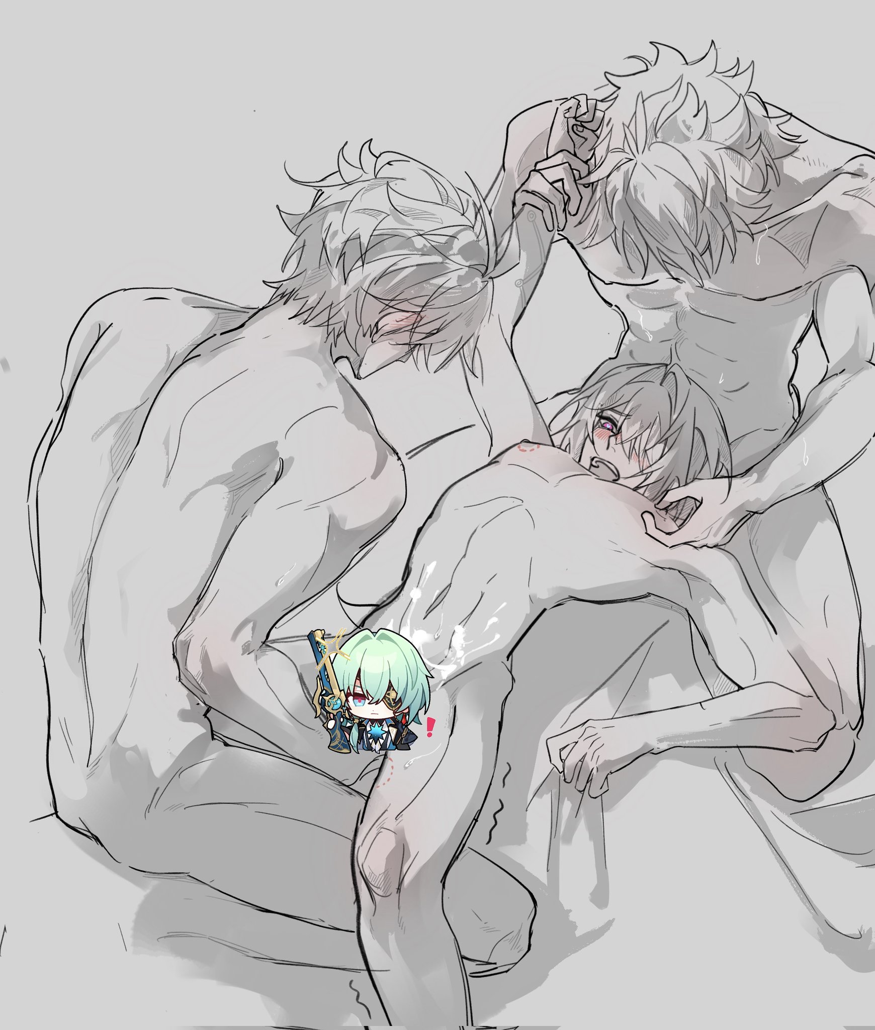 3boys, anal, anaxa (honkai: star rail), artist request, bite mark, bite mark on nipple, bite mark on shoulder, censored, gay, gay sex, honkai: star rail, male, male only, male penetrated, male penetrating, male/male, male/male/male, naked, naked male, nipple play, nipples, nude, nude male, phainon (honkai: star rail), purple eyes, size difference, threesome, twink, yaoi