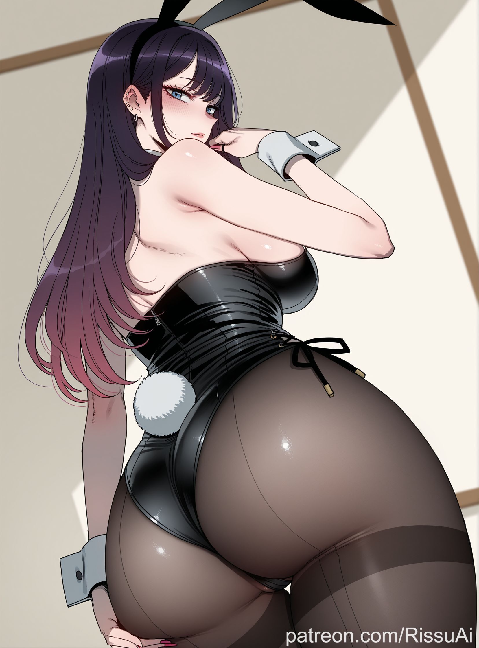 1girls, 2026, ai generated, ass focus, ass grab, big ass, big breasts, black garter belt, black leotard, blue eyes, bunny girl, cute, cute face, cute female, dark purple hair, fake animal ears, female, female only, hand on ass, izayoi arisa, izayoi arisa (cosplay), kitagawa marin, kitagawa marin (cosplay), leotard, long hair, look at you, looking at viewer, looking back, marin kitagawa, my dress up darling, nail polish, patreon, pink nails, rabbit ears, rabbit tail, rissuai, sexy, sexy body, sexy pose, solo, sono bisque doll wa koi wo suru, tail, teenager