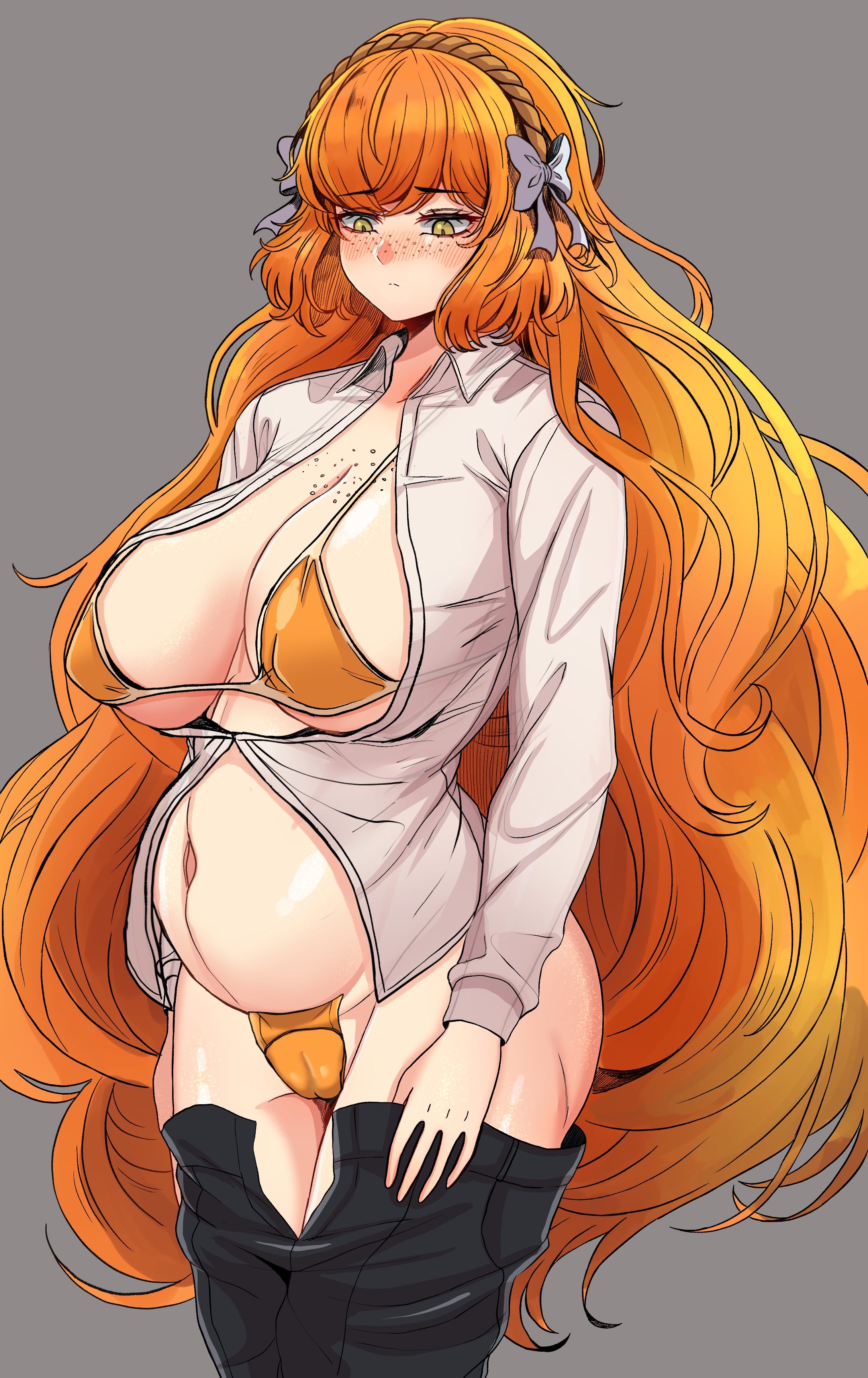 1girls, bbambi, big breasts, bloated belly, blush, cameltoe, cleavage, clothed, clothing, early pregnancy, female, freckles, ishmael (limbus company), limbus company, long hair, navel, orange hair, pregnant, pregnant belly, project moon, thick thighs, undressing, yellow eyes