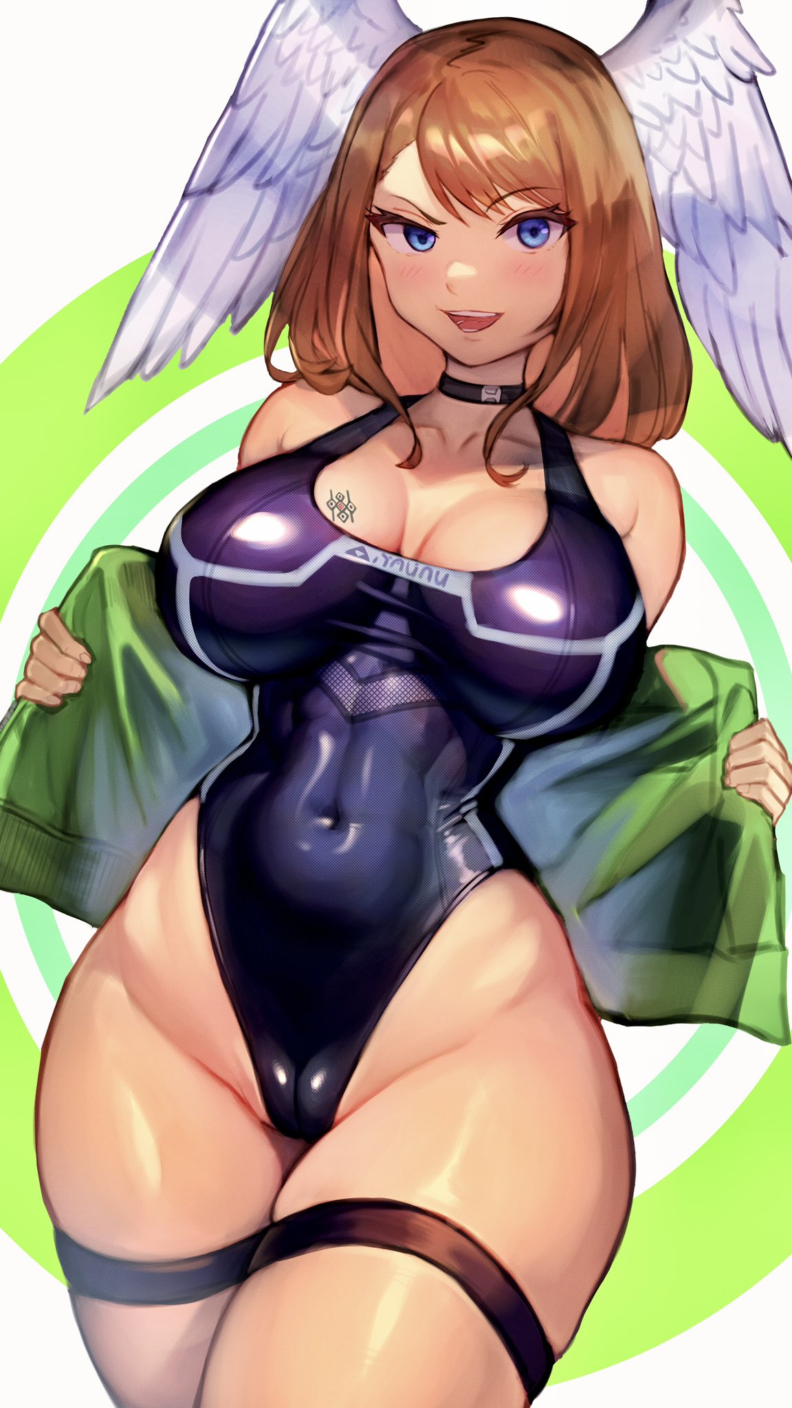 1girls, bare shoulders, black choker, black one-piece swimsuit, blue eyes, breast tattoo, breasts, brown hair, cameltoe, choker, cleavage, commentary, competition swimsuit, covered navel, eunie (xenoblade), female, female only, head wings, highleg, highleg one-piece swimsuit, highres, impossible clothes, impossible swimsuit, jacket, large breasts, looking at viewer, medium hair, one-piece swimsuit, open mouth, r123, simple background, smile, solo, swimsuit, tattoo, thigh strap, tight clothing, uneven eyes, white wings, wings, xenoblade (series), xenoblade chronicles 3