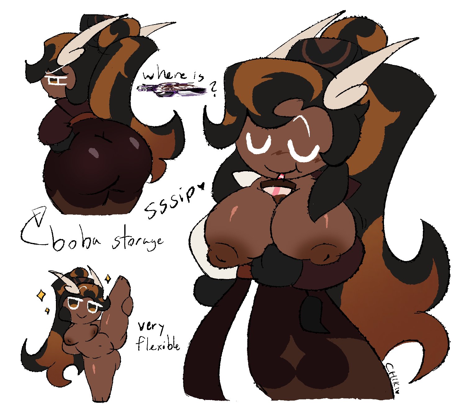 ass focus, big ass, big breasts, black hair, boba, boba tea, boba tea challenge, breasts out, bubble tea challenge, caramel arrow cookie, chikidoodlez, cookie run, cookie run kingdom, cute, dark-skinned female, female, long hair, multicolored hair, tirazyy