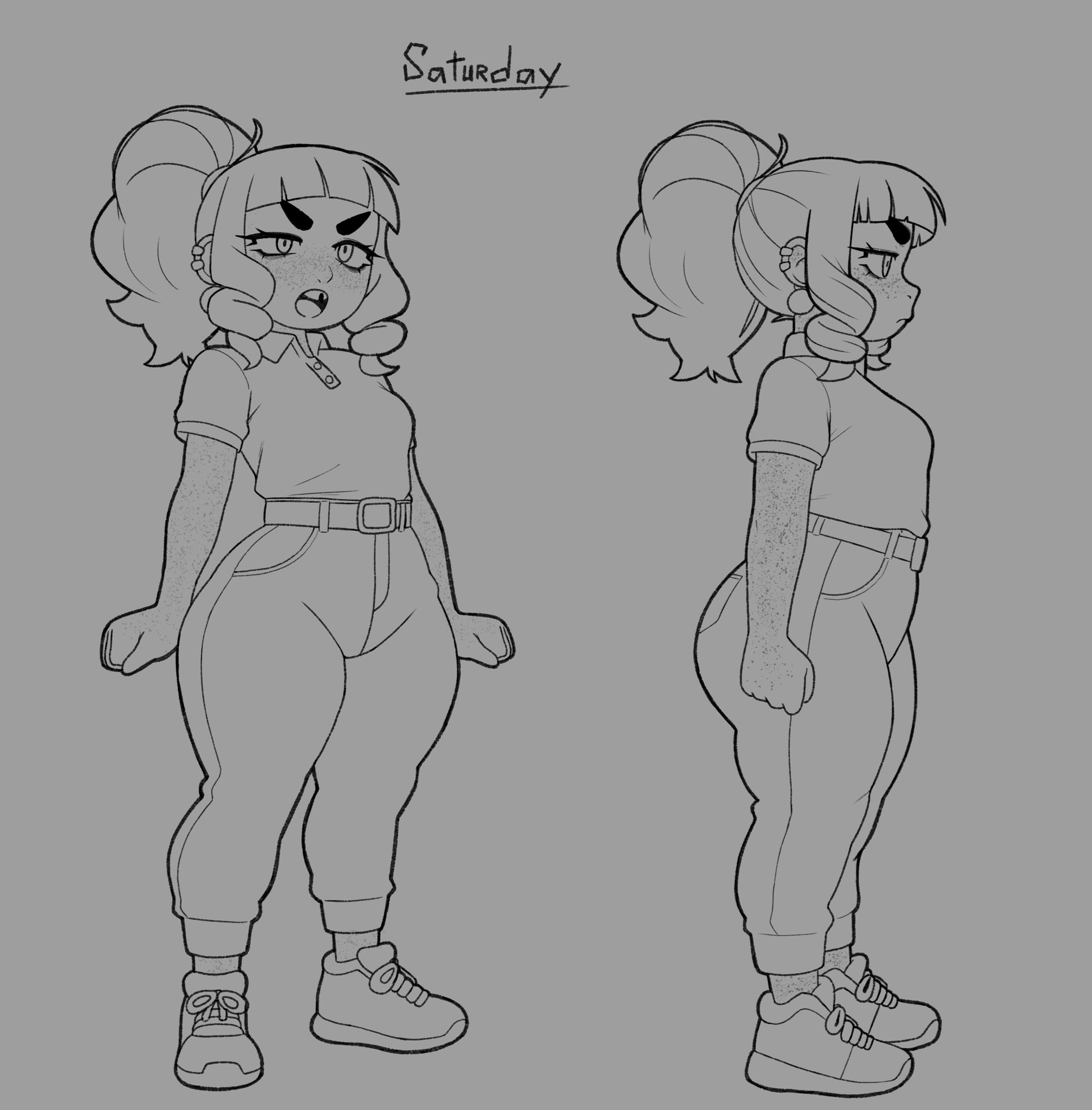 1girl, 1girls, alternate version available, big ass, big butt, bottom heavy, champchidi, fat ass, fat butt, female, freckles, freckles on arms, freckles on legs, huge ass, huge butt, oc, original character, reference sheet, saturday (champchidi), shortstack, thick thighs, tooth gap, wide hips, work in progress, work uniform