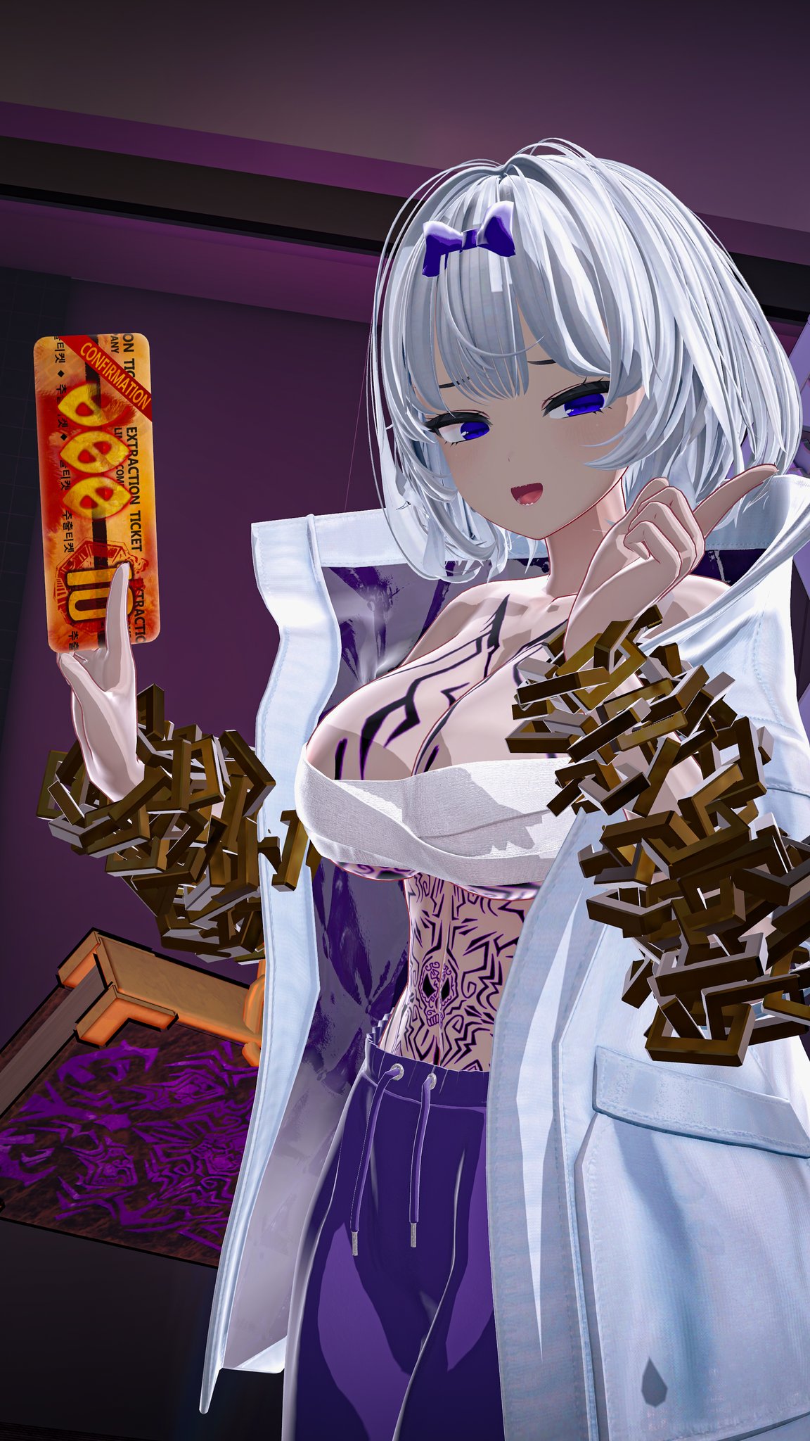 1girls, 3d, 3d model, big breasts, body tattoo, breasts, female, hair ribbon, holding object, holding ticket, kartlava, kira (limbus company), large breasts, limbus company, project moon, purple eyes, sarashi, sharp teeth, short hair, tattoo, ticket, white hair