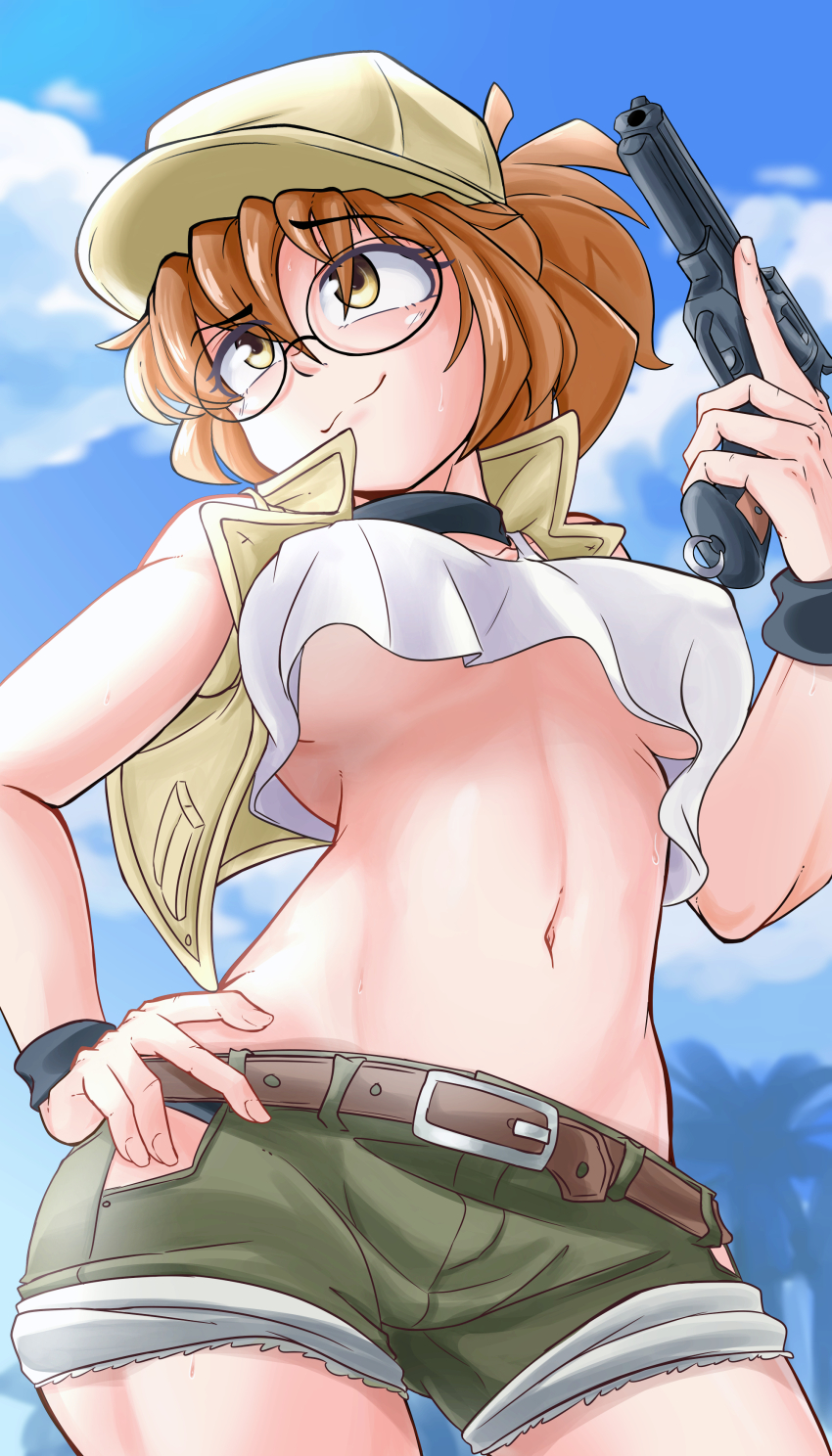 1girl, absurdres, belt, black choker, blue sky, breasts, brown belt, brown eyes, brown hair, brown hat, brown vest, choker, closed mouth, commentary, covered erect nipples, cowboy shot, crop top, day, english commentary, field cap, fio germi, glasses, green shorts, gun, hand on own hip, handgun, hat, highres, holding, holding gun, holding weapon, laz gm, looking to the side, medium breasts, metal slug, navel, paid reward available, round eyewear, short shorts, shorts, sky, smile, solo, stomach, tank top, trigger discipline, underboob, vest, weapon, white tank top, wristband