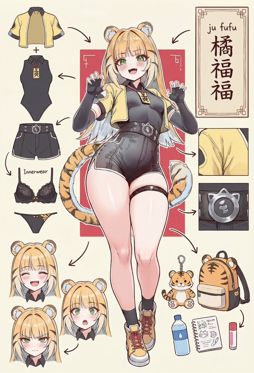 ai generated, blush, female, jeje box, ju fufu, tail, thick thighs, tiger, tiger girl, tiger tail, tight clothing, zenless zone zero