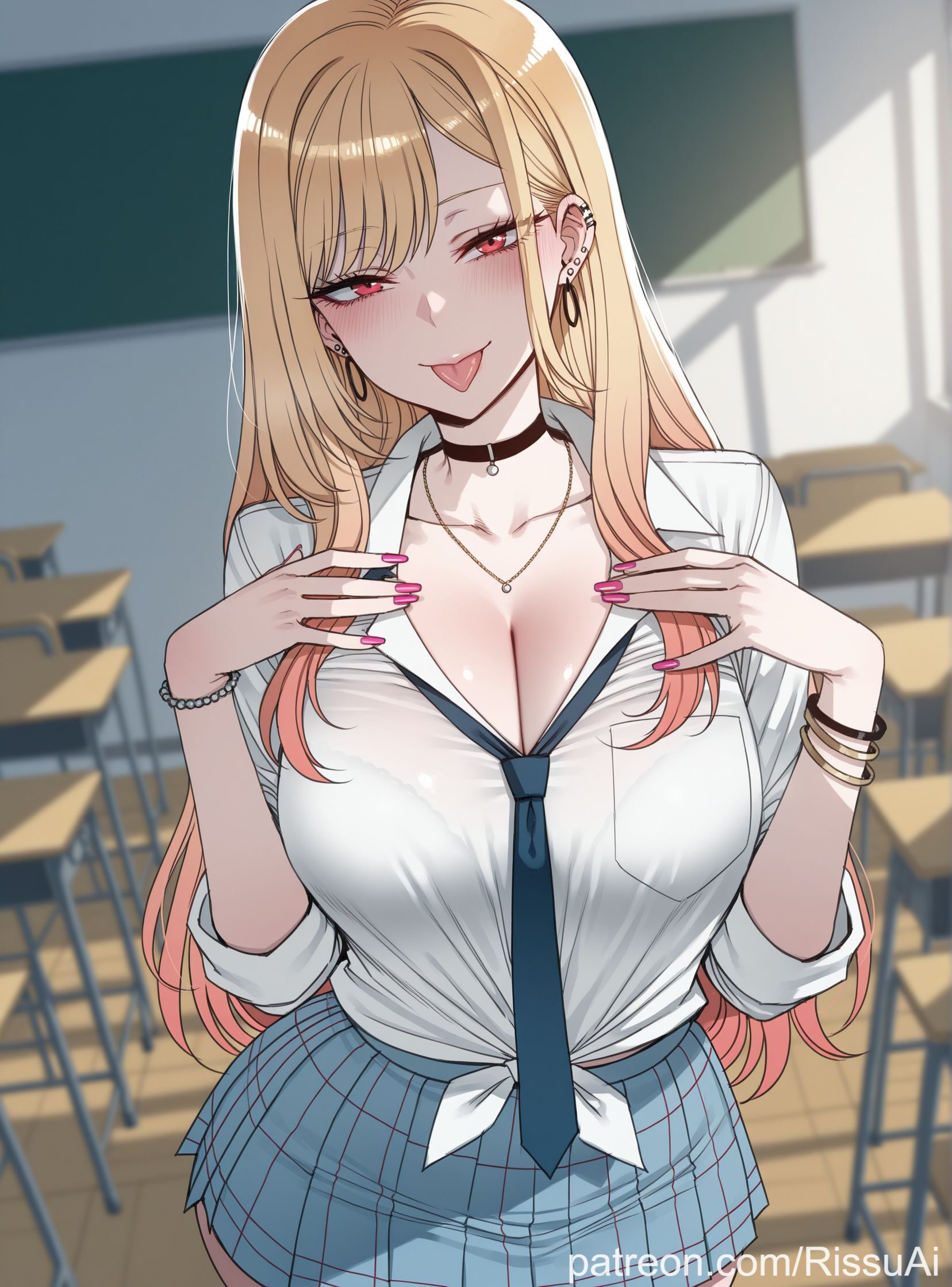 1girls, 2026, ai generated, blonde female, blonde hair, blush, bracelets, classroom, curvy, curvy female, cute face, day, ear piercing, earrings, female, female only, hands on breasts, horny, horny female, kitagawa marin, kitagawa marin (cosplay), looking at viewer, marin kitagawa, my dress up darling, nail polish, nails painted, patreon, perfect body, red eyes, rissuai, sexy, sexy body, sexy female, shirt, skirt, sono bisque doll wa koi wo suru, tie, tongue out, voluptuous, voluptuous female