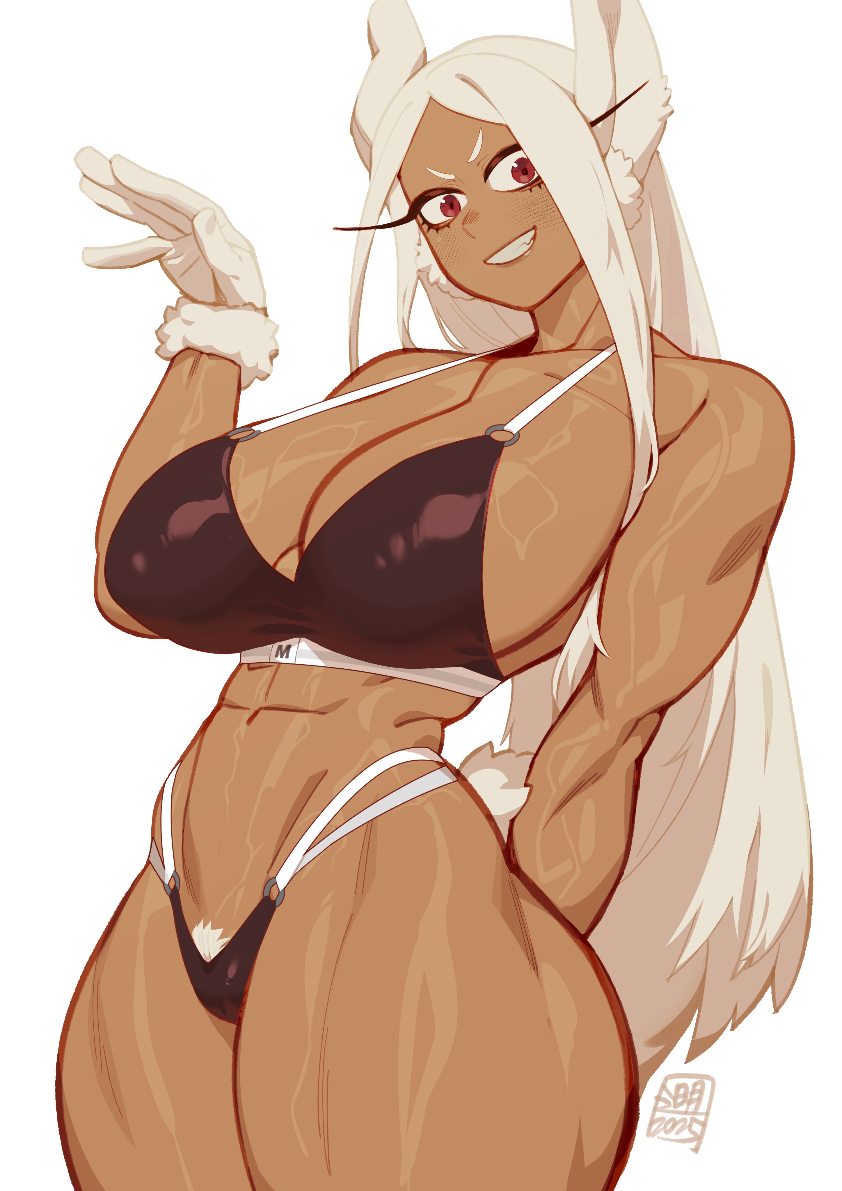 1girls, abs, absurdres, animal ears, arm behind back, bikini, black bikini, blush, boku no hero academia, breasts, breedable hips, cleavage, commentary, covered nipples, curvy, dark skin, dark-skinned female, female, female focus, female only, female pubic hair, gloves, hand up, hi res, highleg, highleg bikini, highres, hips, huge breasts, large breasts, lilminindahouse, long eyelashes, long hair, long sleeves, looking at viewer, ming liu, mirko, miruko, multi-strapped bikini bottom, muscles, muscular, muscular female, muscular thighs, my hero academia, navel, o-ring, o-ring bikini, parted bangs, phone, pubic hair, pubic hair peek, rabbit ears, rabbit girl, rabbit tail, red eyes, rumi usagiyama, selfie, shrug (clothing), sidelocks, simple background, smile, solo, solo female, solo focus, stomach, swimsuit, symbol-only commentary, tail, thick thighs, thighs, veins, very long hair, white background, white gloves, white hair, white pubic hair, wide hips