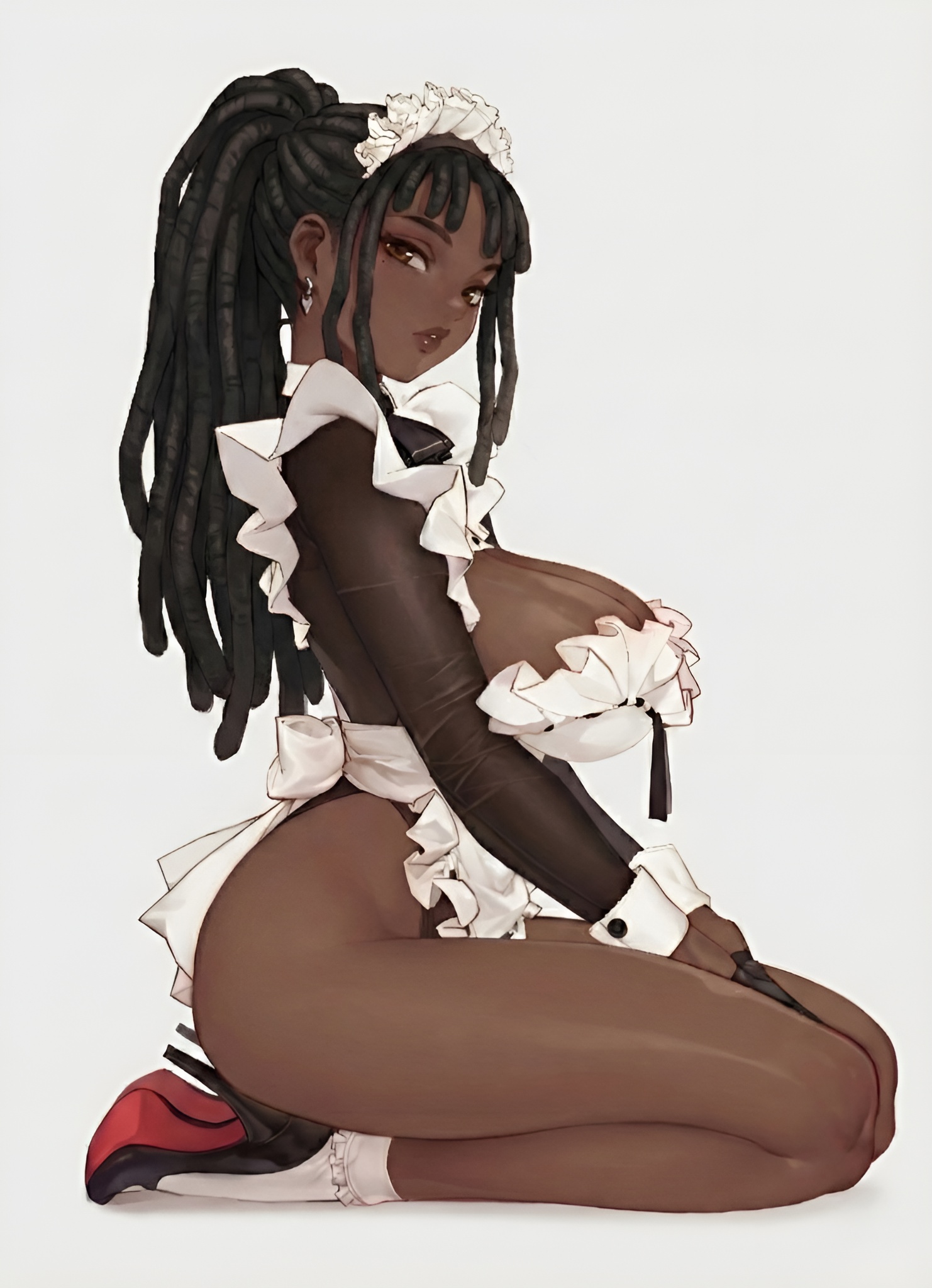 1girls, african female, ai generated, big breasts, black female, black hair, brown eyes, cleavage, dark skin, dark-skinned female, dreadlocks, female, female only, heels, high heels, looking back, maid, maid headdress, maid outfit, mrtecta, original, original character, ponytail, side view, solo, solo female, thick lips, thighs, viewed from side